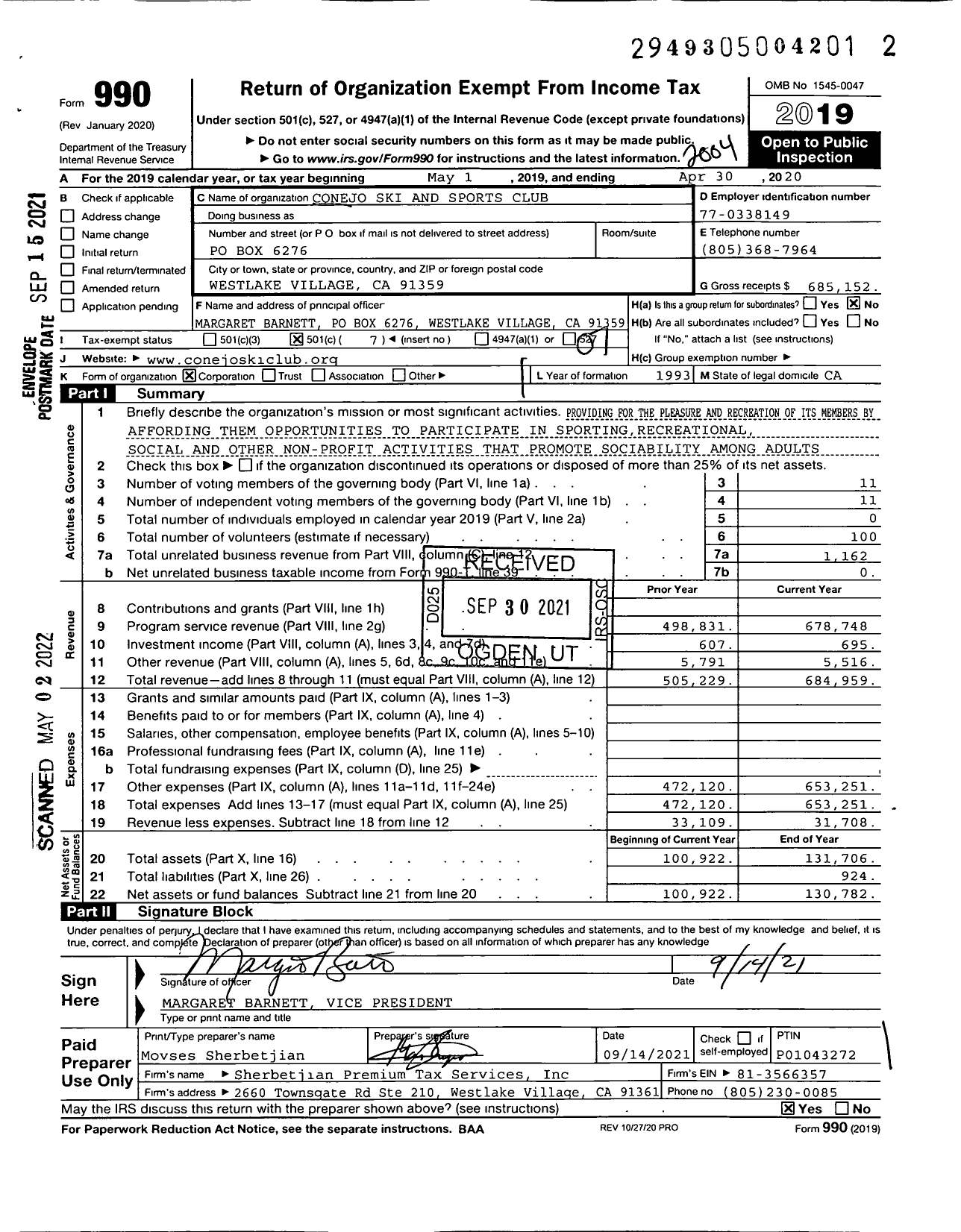 Image of first page of 2019 Form 990O for Conejo Ski and Sports Club