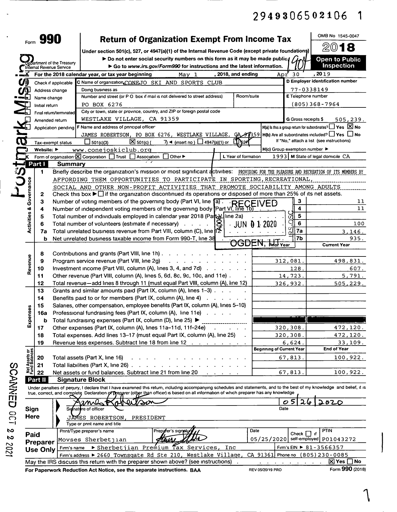 Image of first page of 2018 Form 990O for Conejo Ski and Sports Club