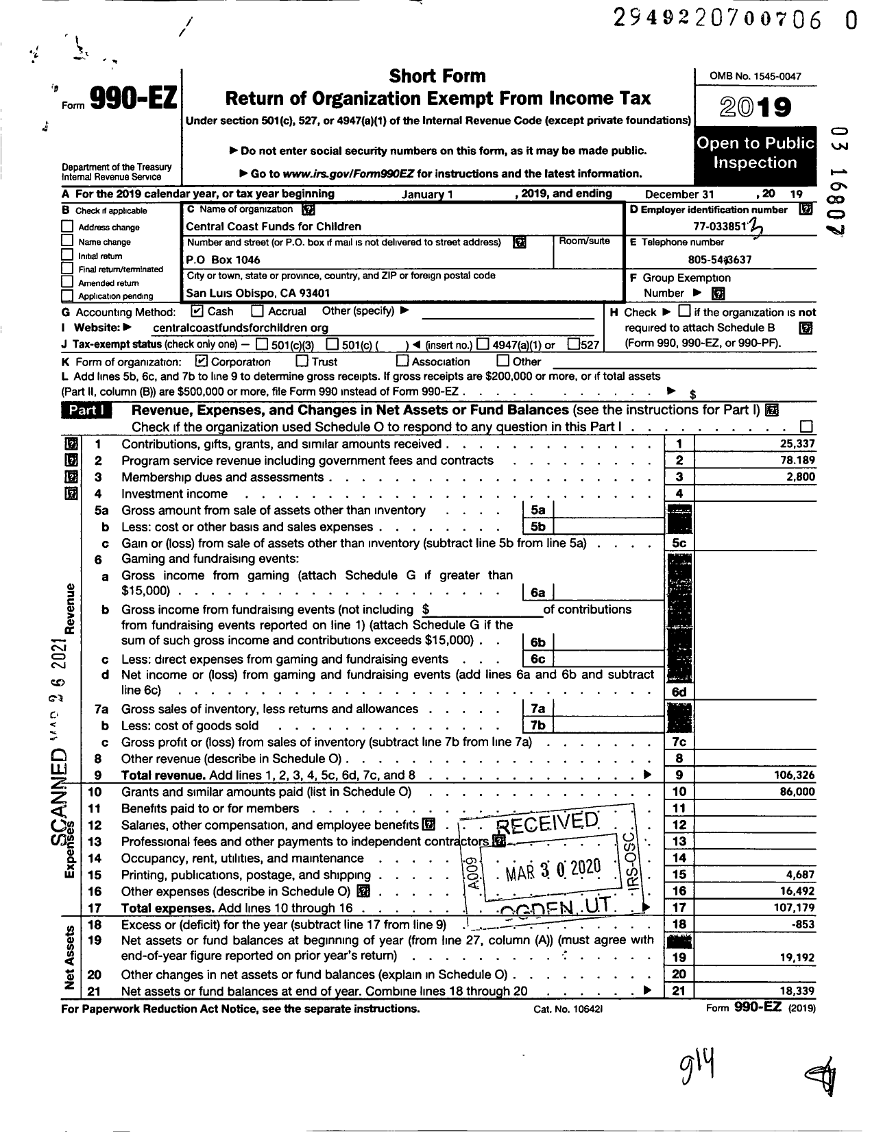 Image of first page of 2019 Form 990EO for Central Coast Funds for Children