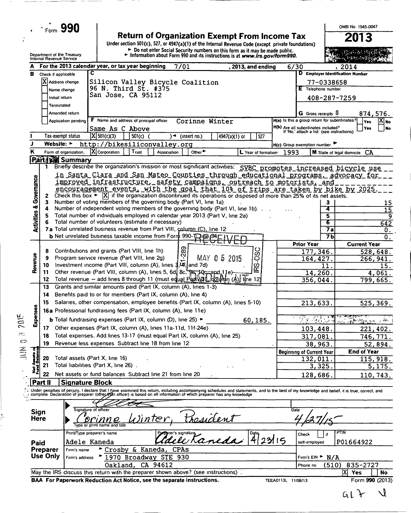 Image of first page of 2013 Form 990 for Silicon Valley Bicycle Coalition