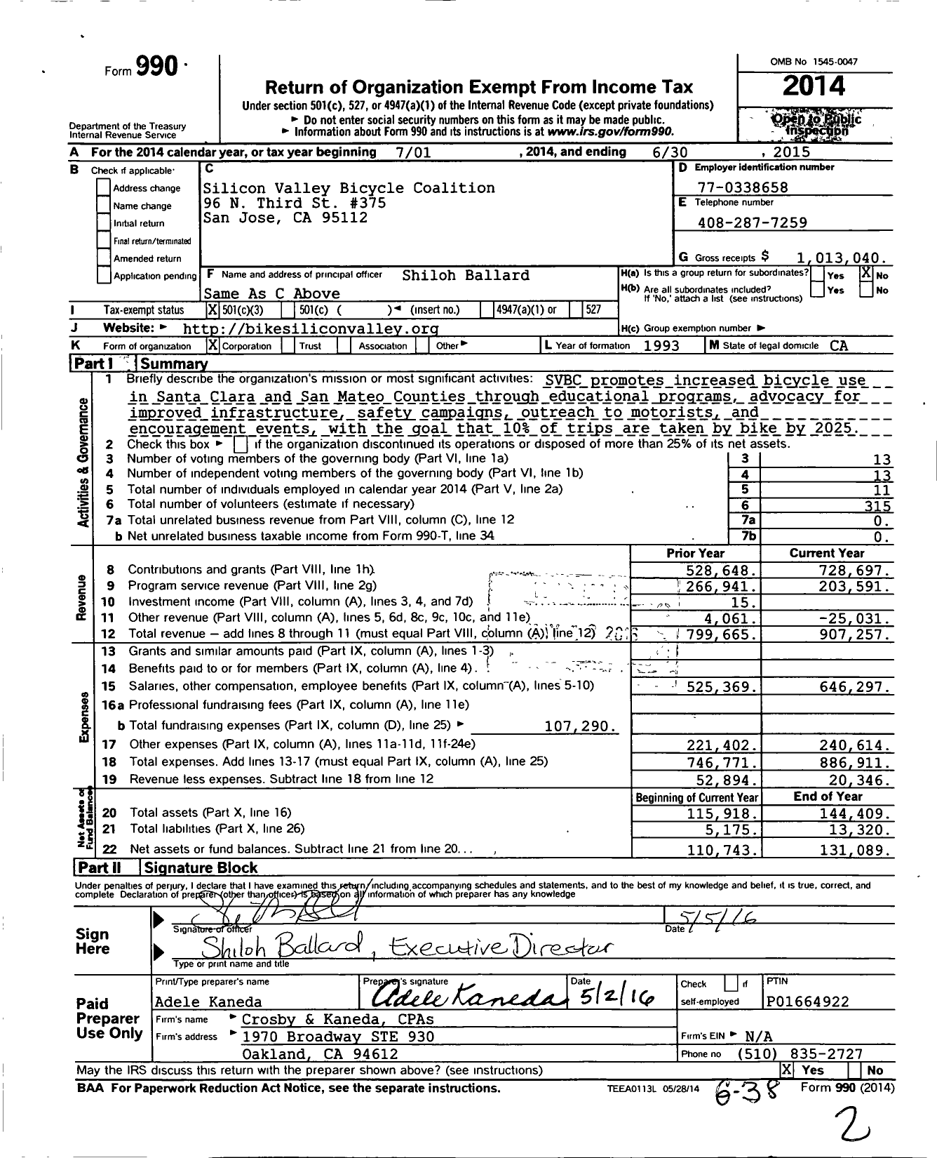 Image of first page of 2014 Form 990 for Silicon Valley Bicycle Coalition