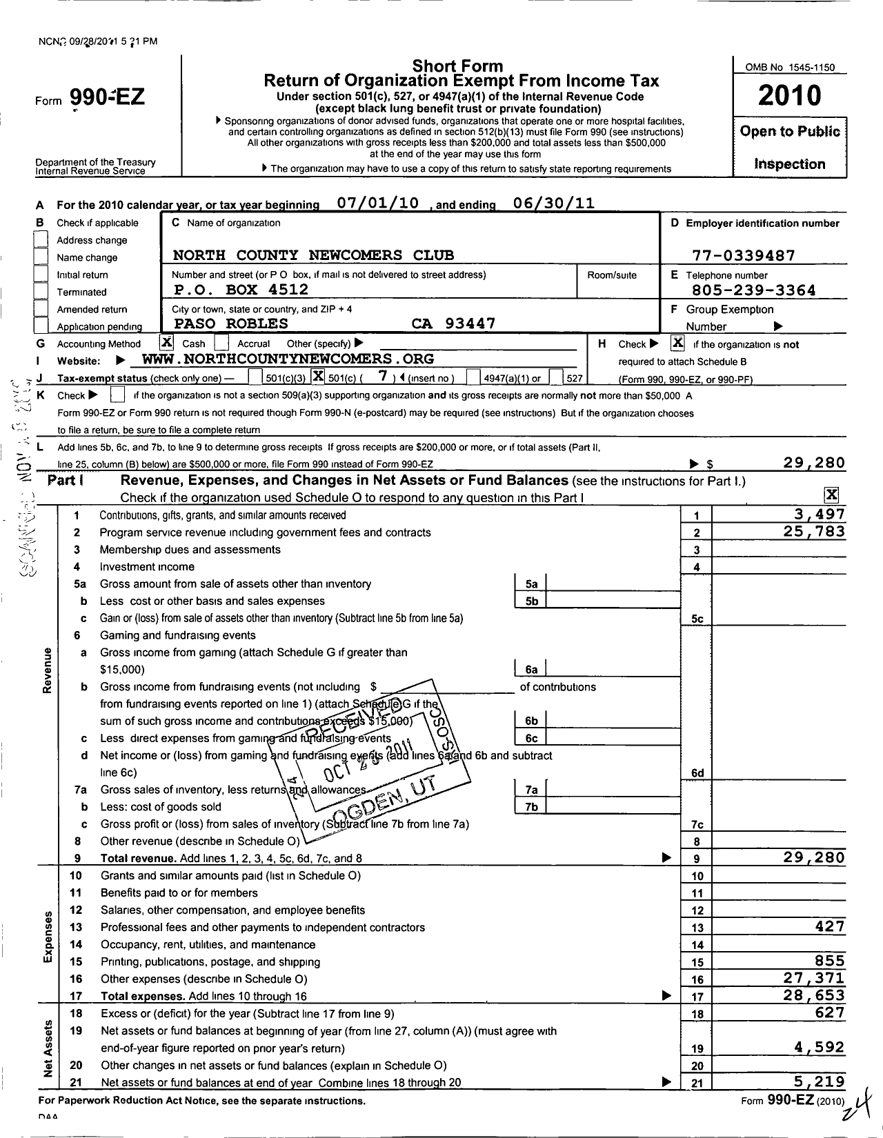 Image of first page of 2010 Form 990EO for North County Newcomers Club