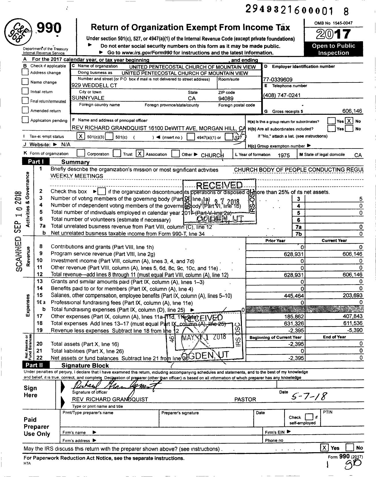 Image of first page of 2017 Form 990 for United Pentecostal Church of Mountain View