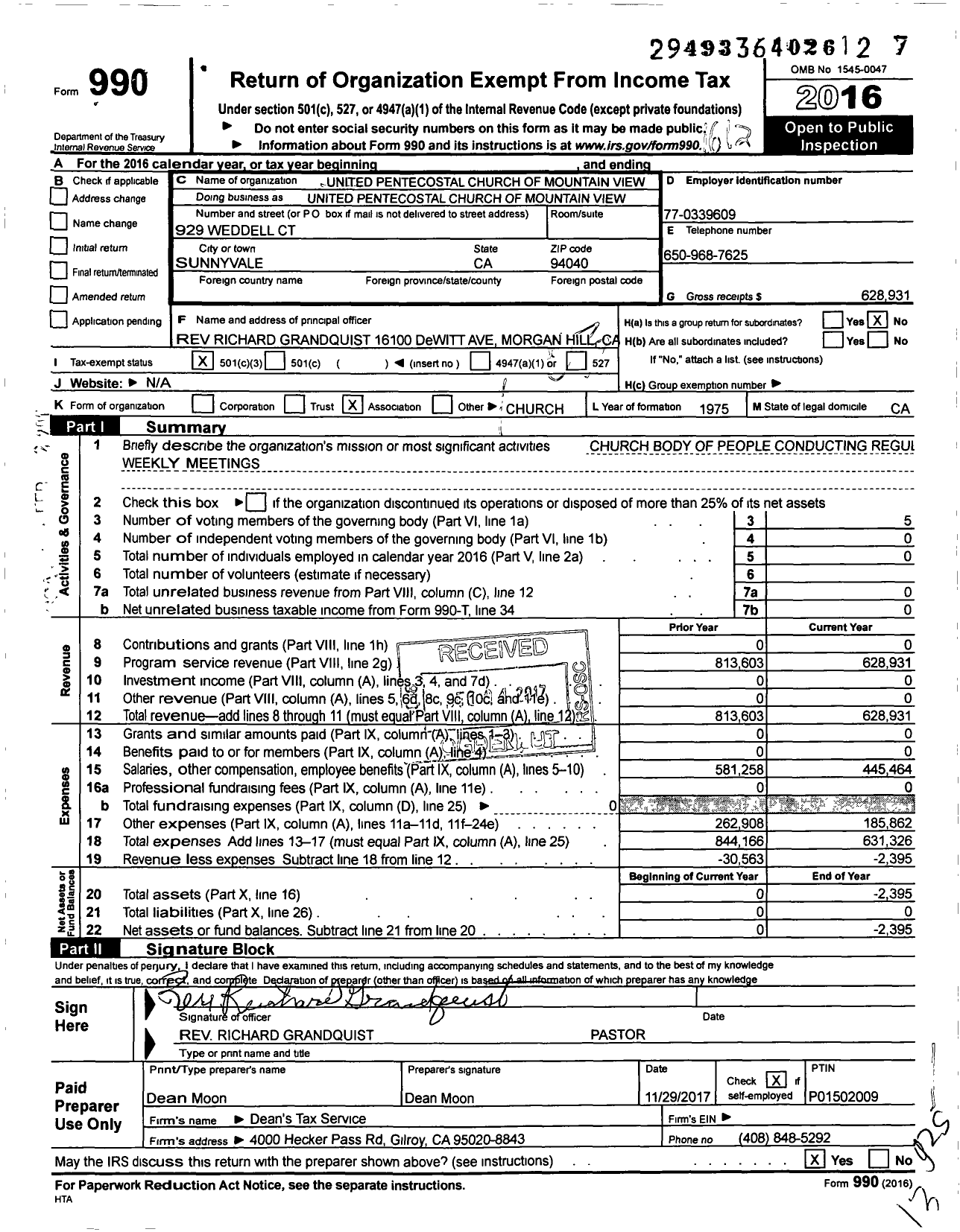 Image of first page of 2016 Form 990 for United Pentecostal Church of Mountain View