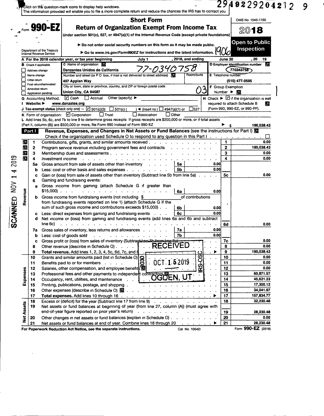 Image of first page of 2018 Form 990EZ for Danzantes Unidos de California