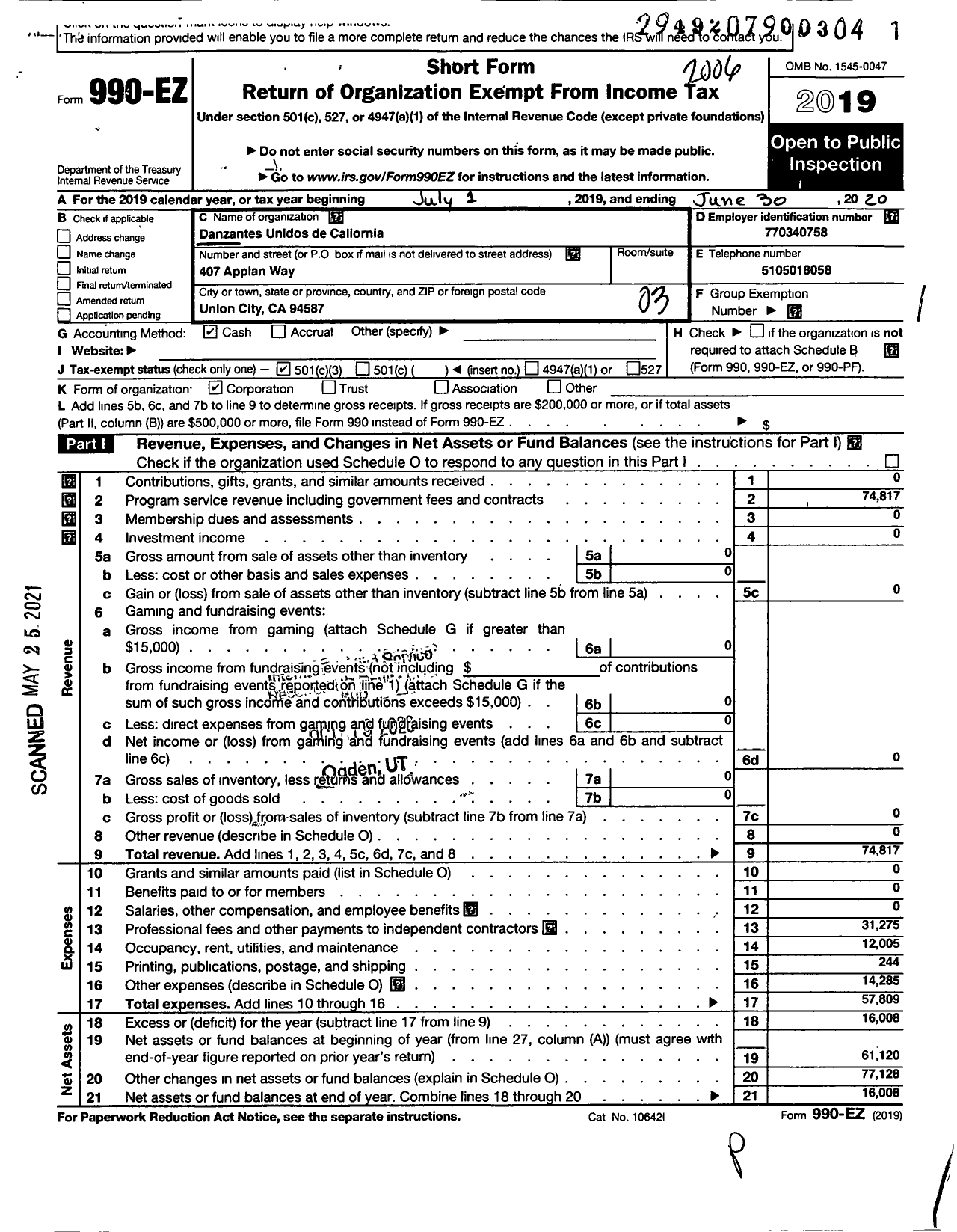 Image of first page of 2019 Form 990EZ for Danzantes Unidos de California