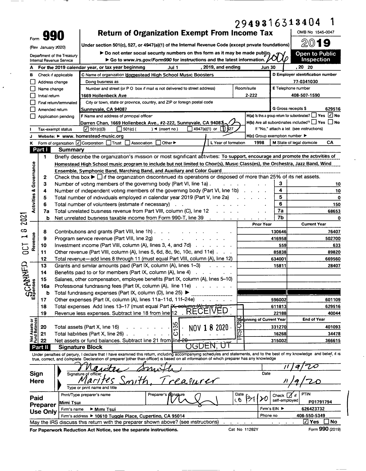 Image of first page of 2019 Form 990 for Homestead High School Music Boosters