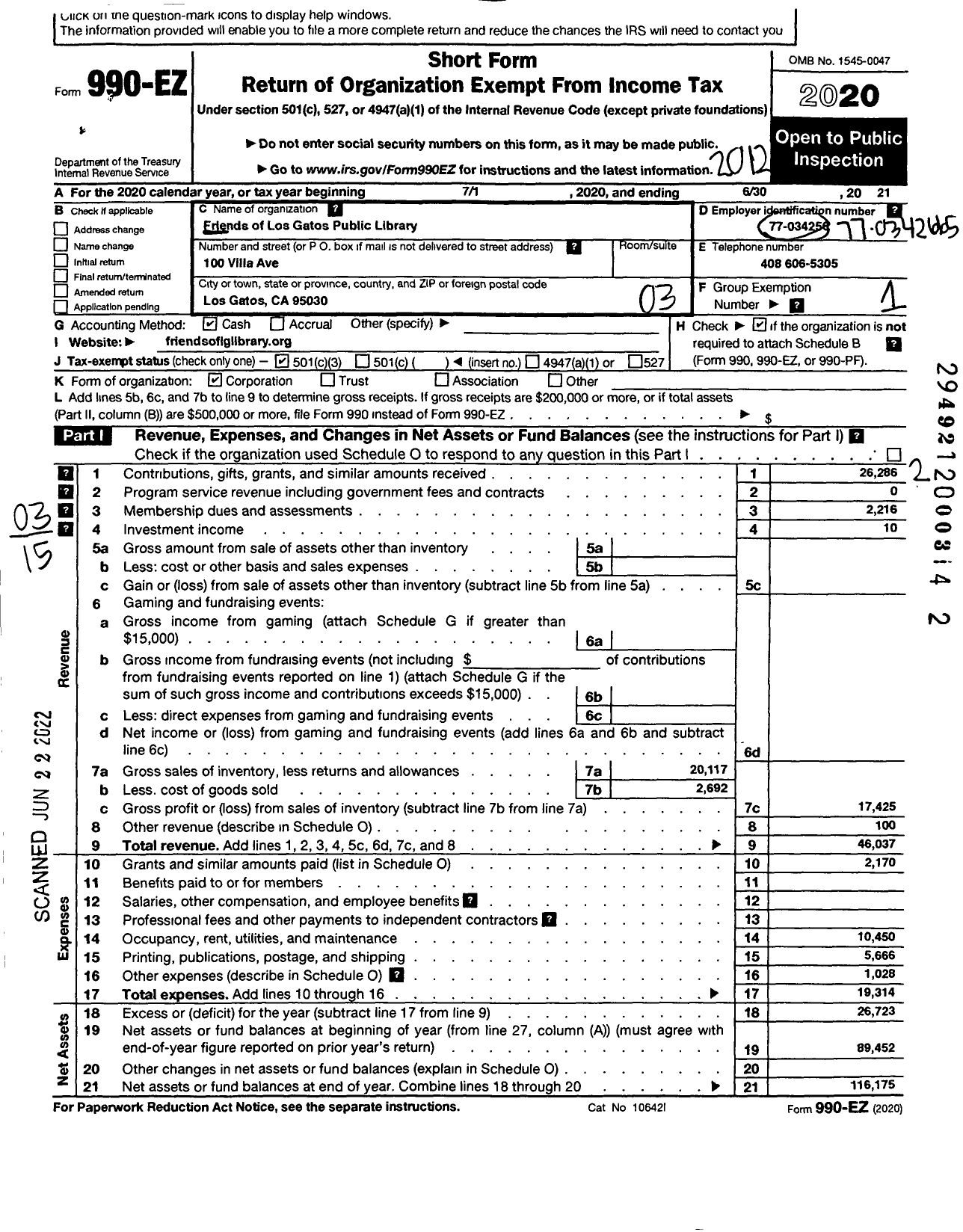 Image of first page of 2020 Form 990EZ for Friends of Los Gatos Public Library