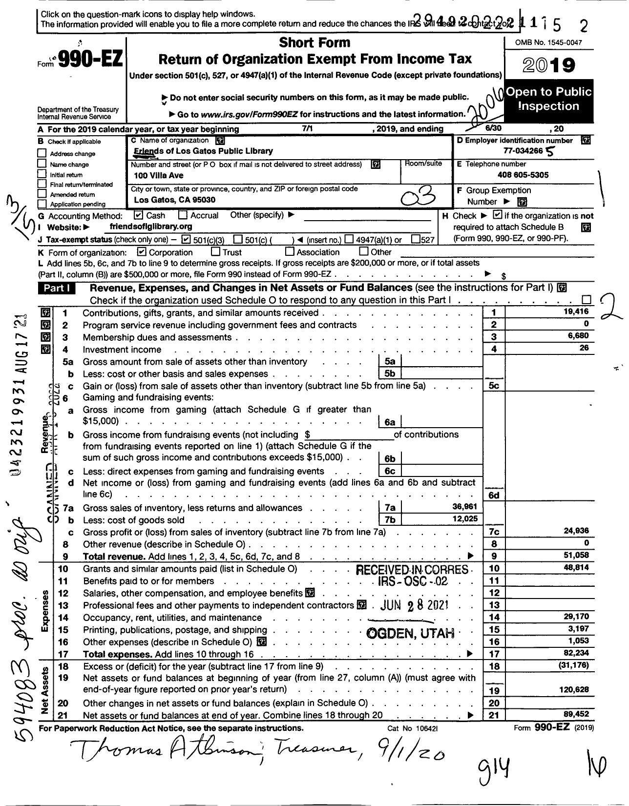 Image of first page of 2019 Form 990EZ for Friends of Los Gatos Public Library