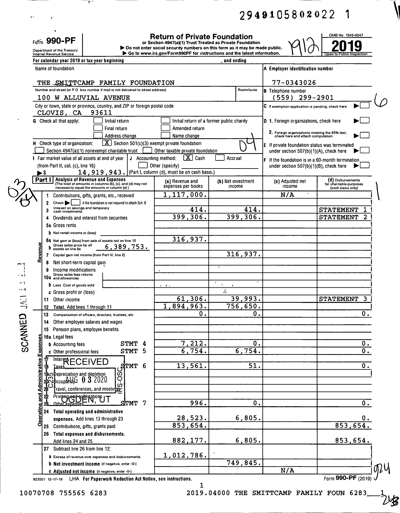 Image of first page of 2019 Form 990PF for The Smittcamp Family Foundation