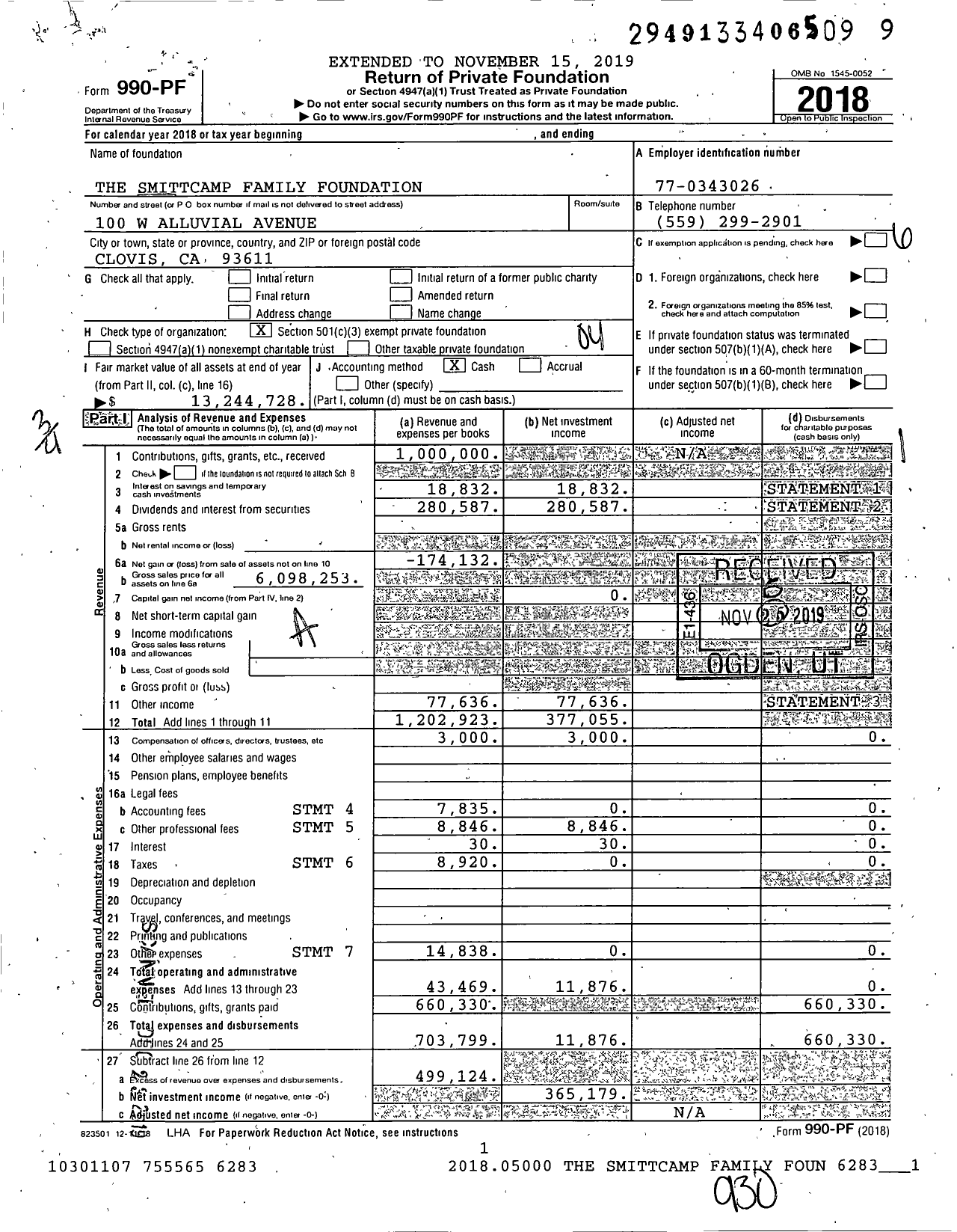 Image of first page of 2018 Form 990PF for The Smittcamp Family Foundation