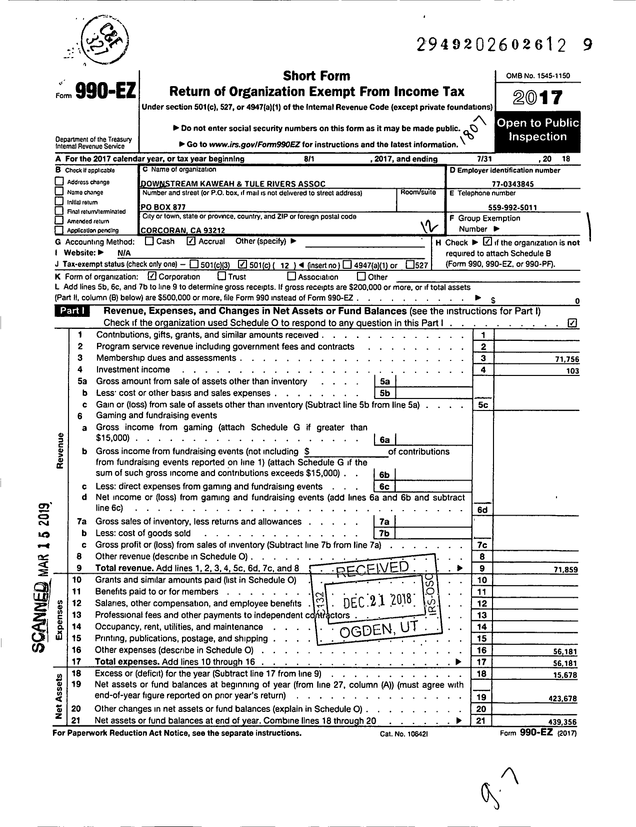 Image of first page of 2017 Form 990EO for Downstream Kaweah and Tule Rivers Association