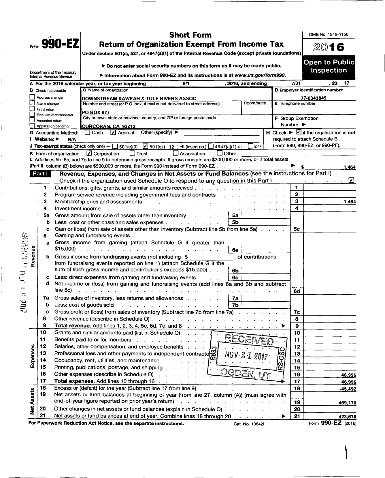 Image of first page of 2016 Form 990EO for Downstream Kaweah and Tule Rivers Association