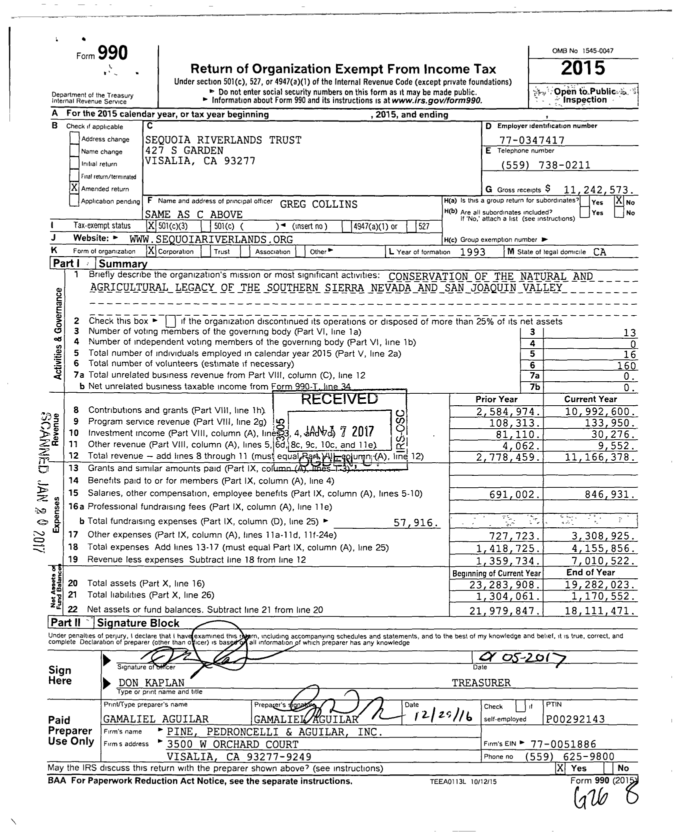 Image of first page of 2015 Form 990 for Sequoia Riverlands Trust (SRT)