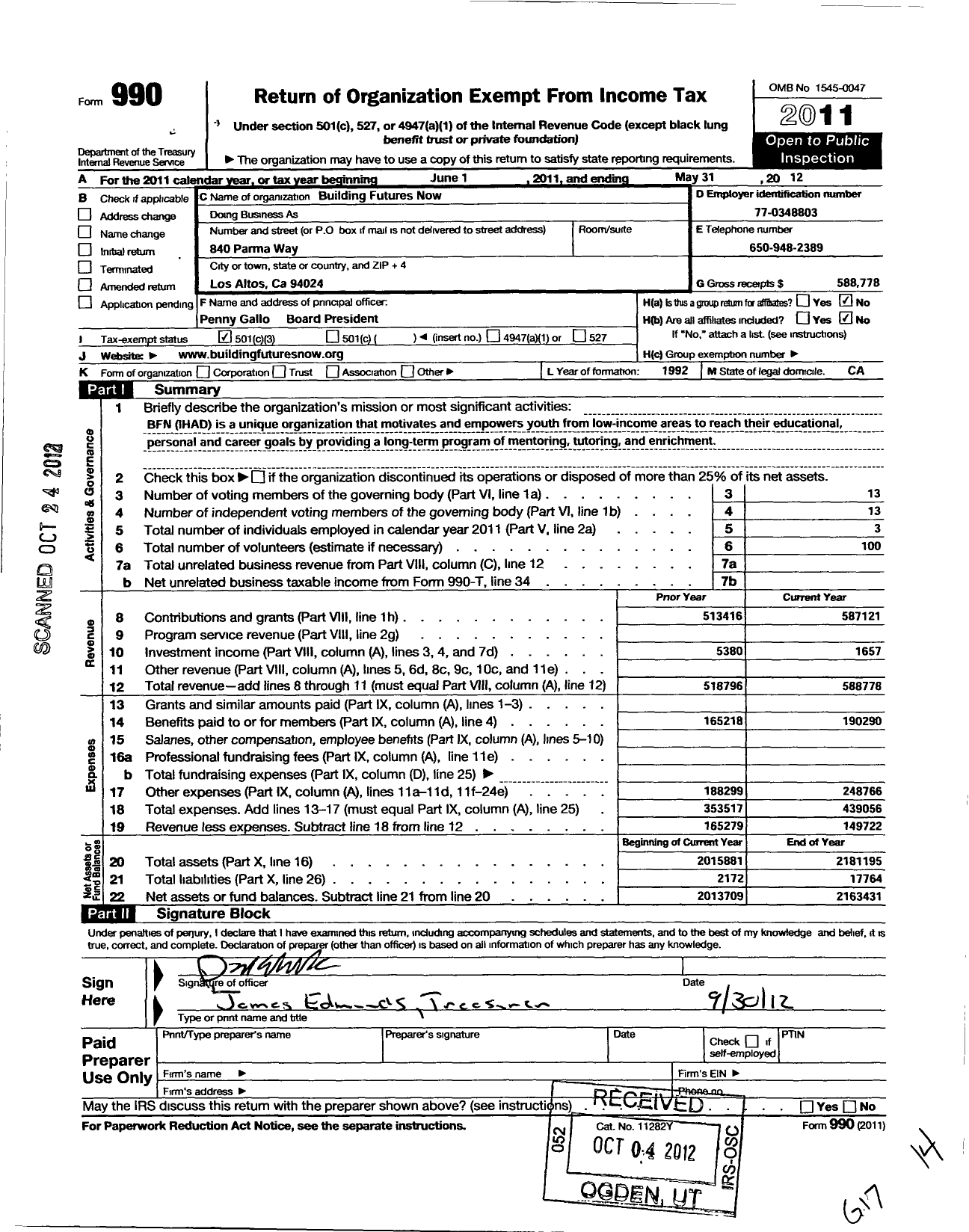 Image of first page of 2011 Form 990 for Building Futures Now