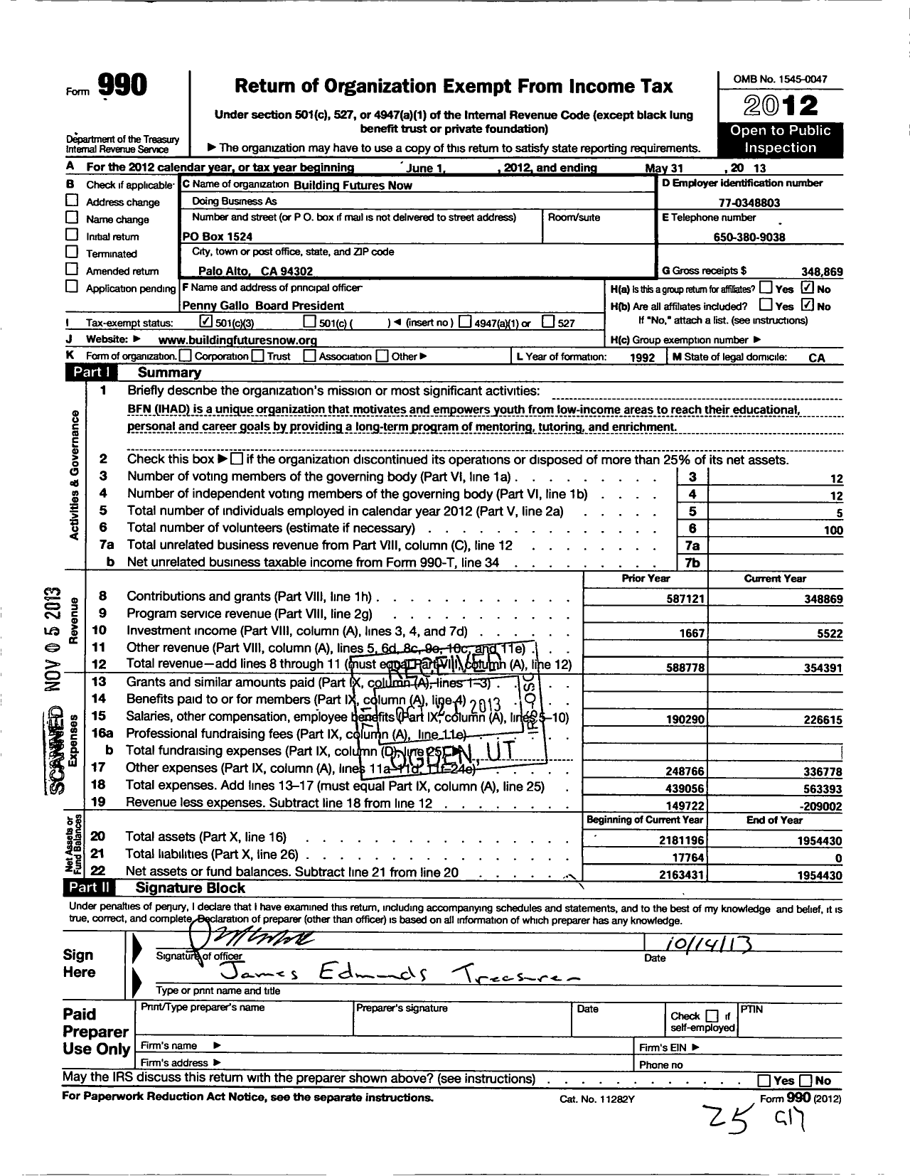 Image of first page of 2012 Form 990 for Building Futures Now