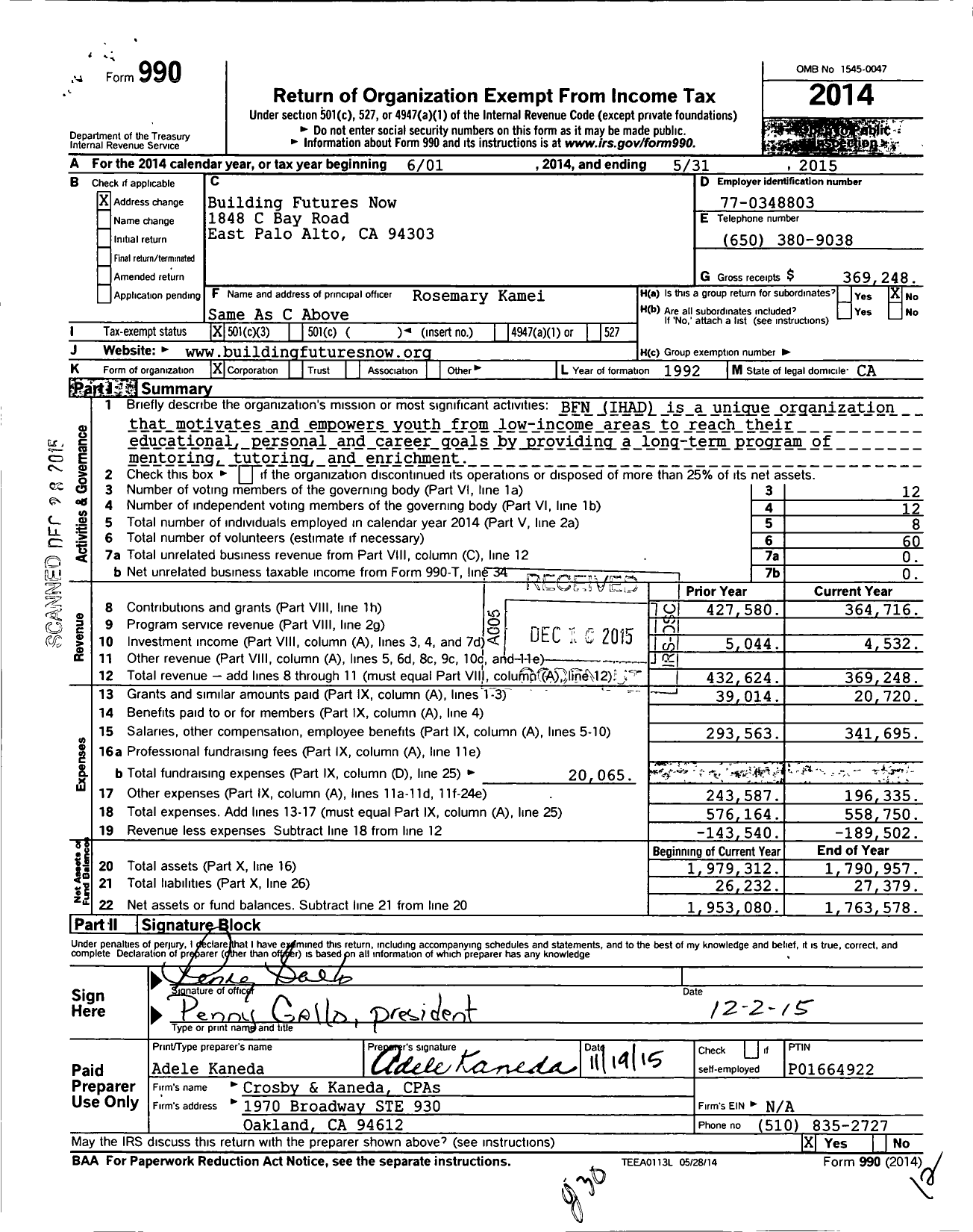 Image of first page of 2014 Form 990 for Building Futures Now