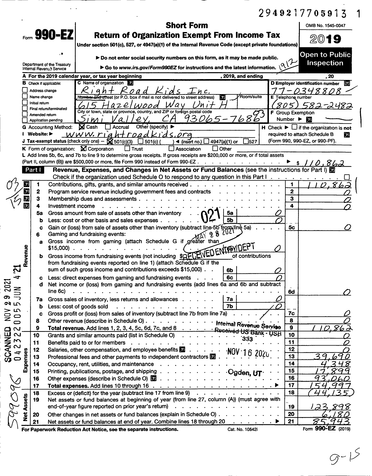 Image of first page of 2019 Form 990EZ for Right Road Kids