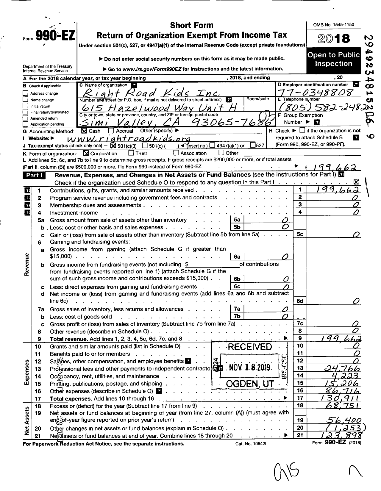 Image of first page of 2018 Form 990EZ for Right Road Kids