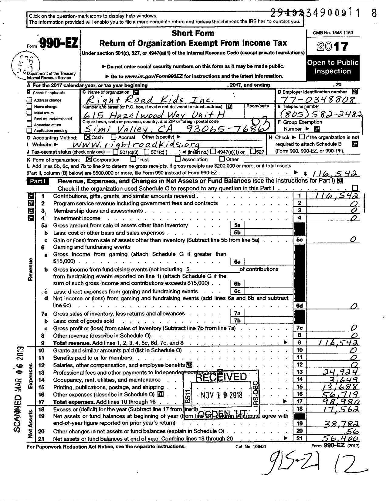 Image of first page of 2017 Form 990EZ for Right Road Kids