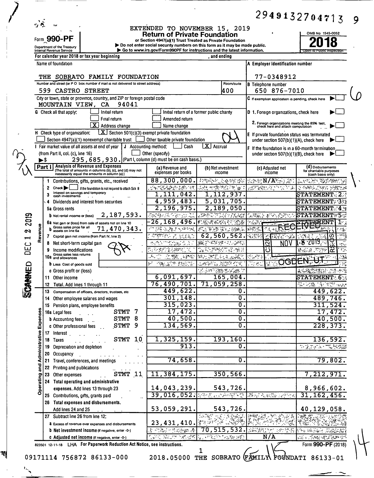 Image of first page of 2018 Form 990PF for Sobrato Family Foundation (SFF)