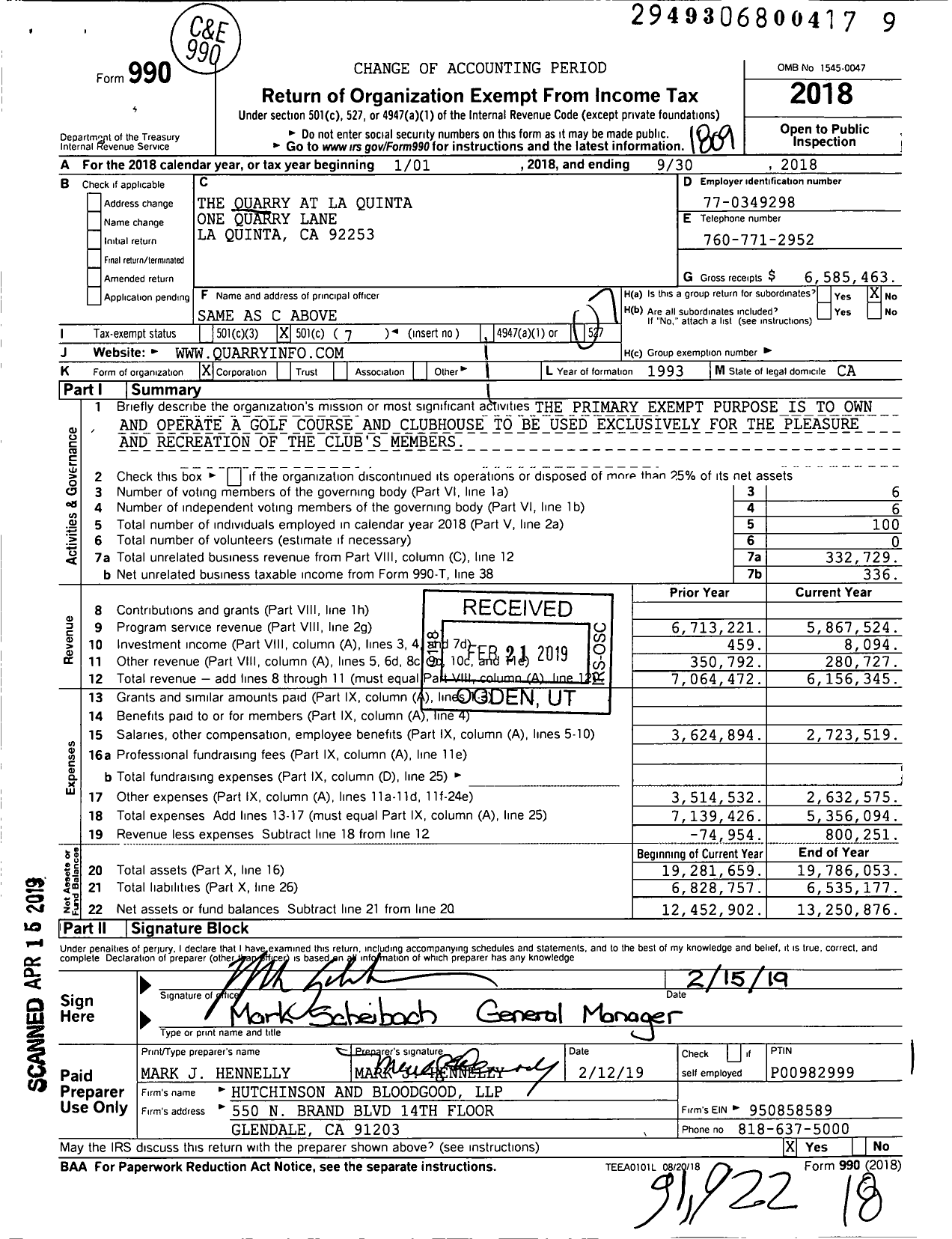 Image of first page of 2017 Form 990O for The Quarry at La Quinta