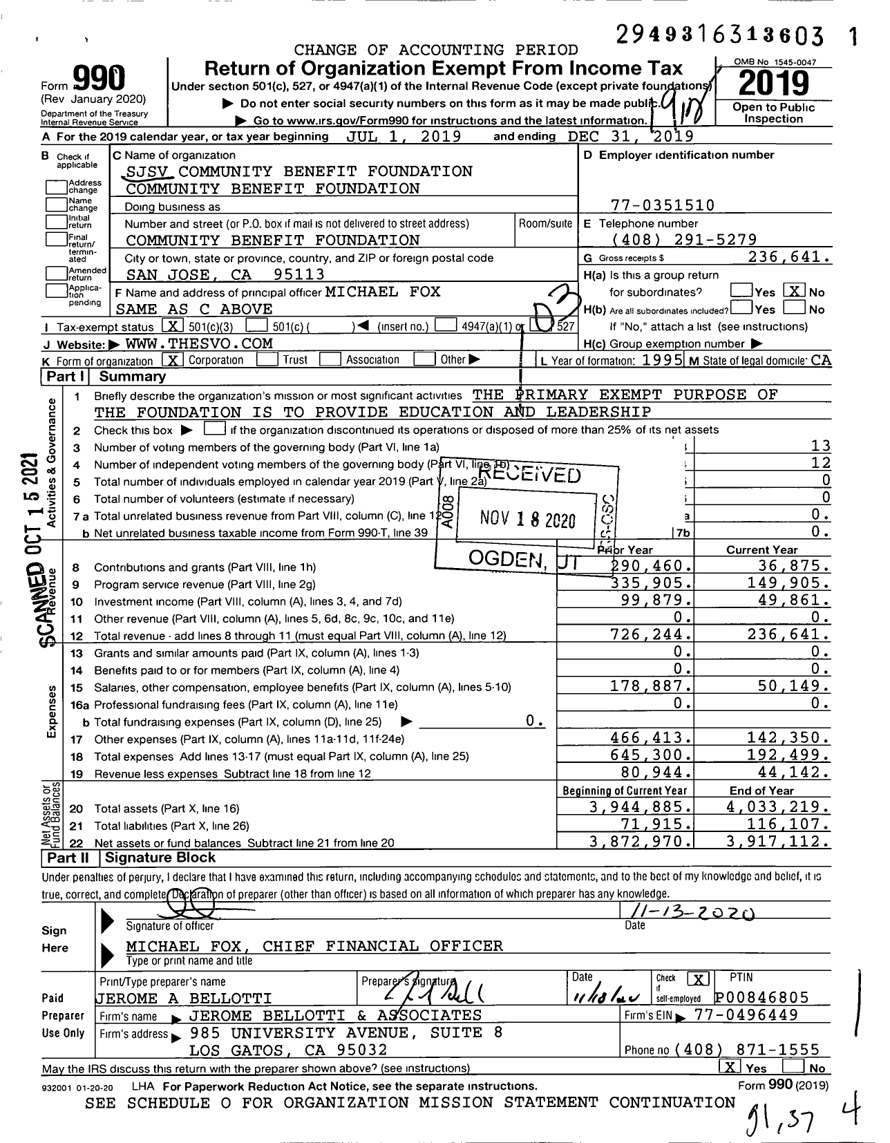 Image of first page of 2019 Form 990 for SJSV Community Benefit Foundation Community Benefit Foundation