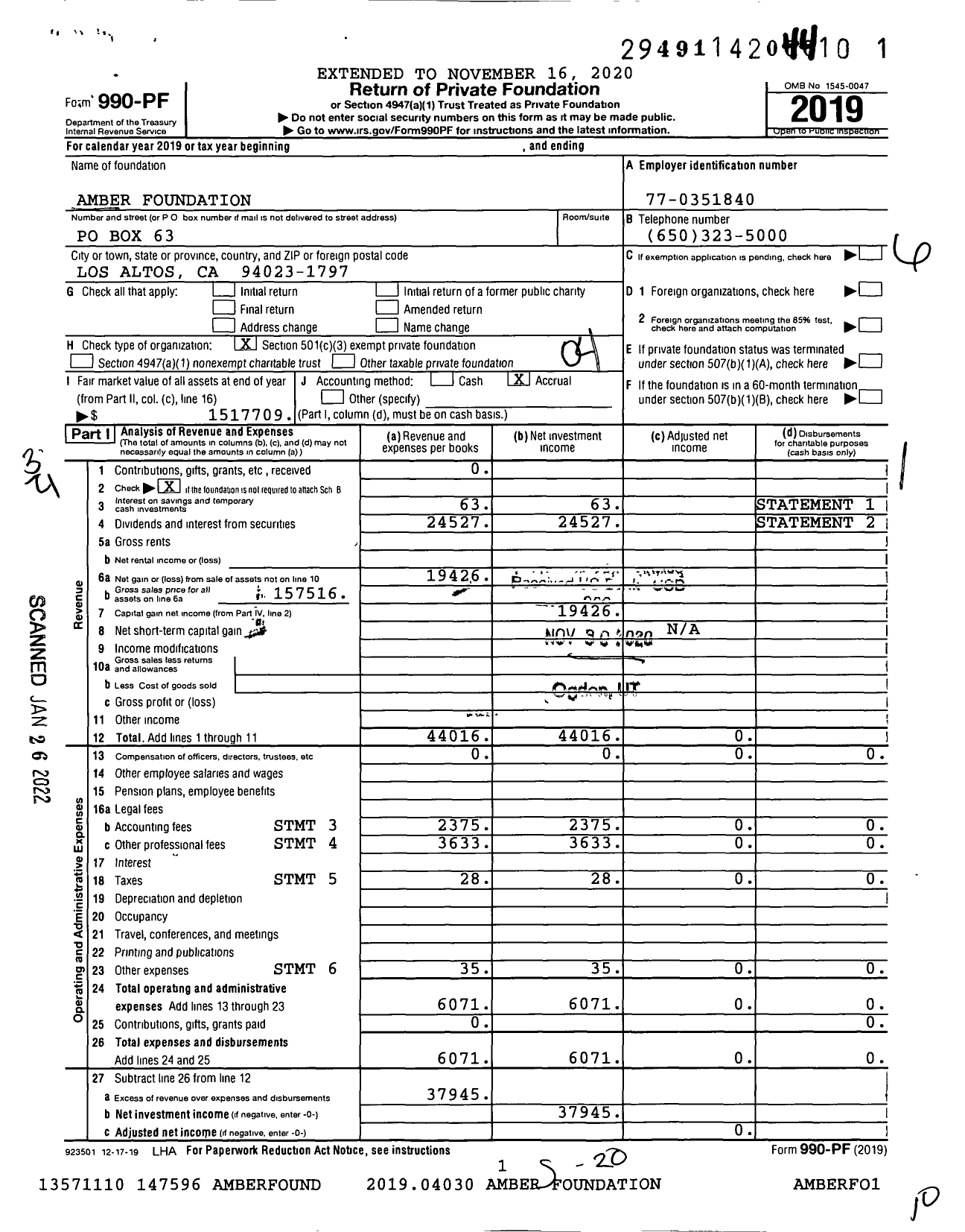 Image of first page of 2019 Form 990PF for Amber Foundation