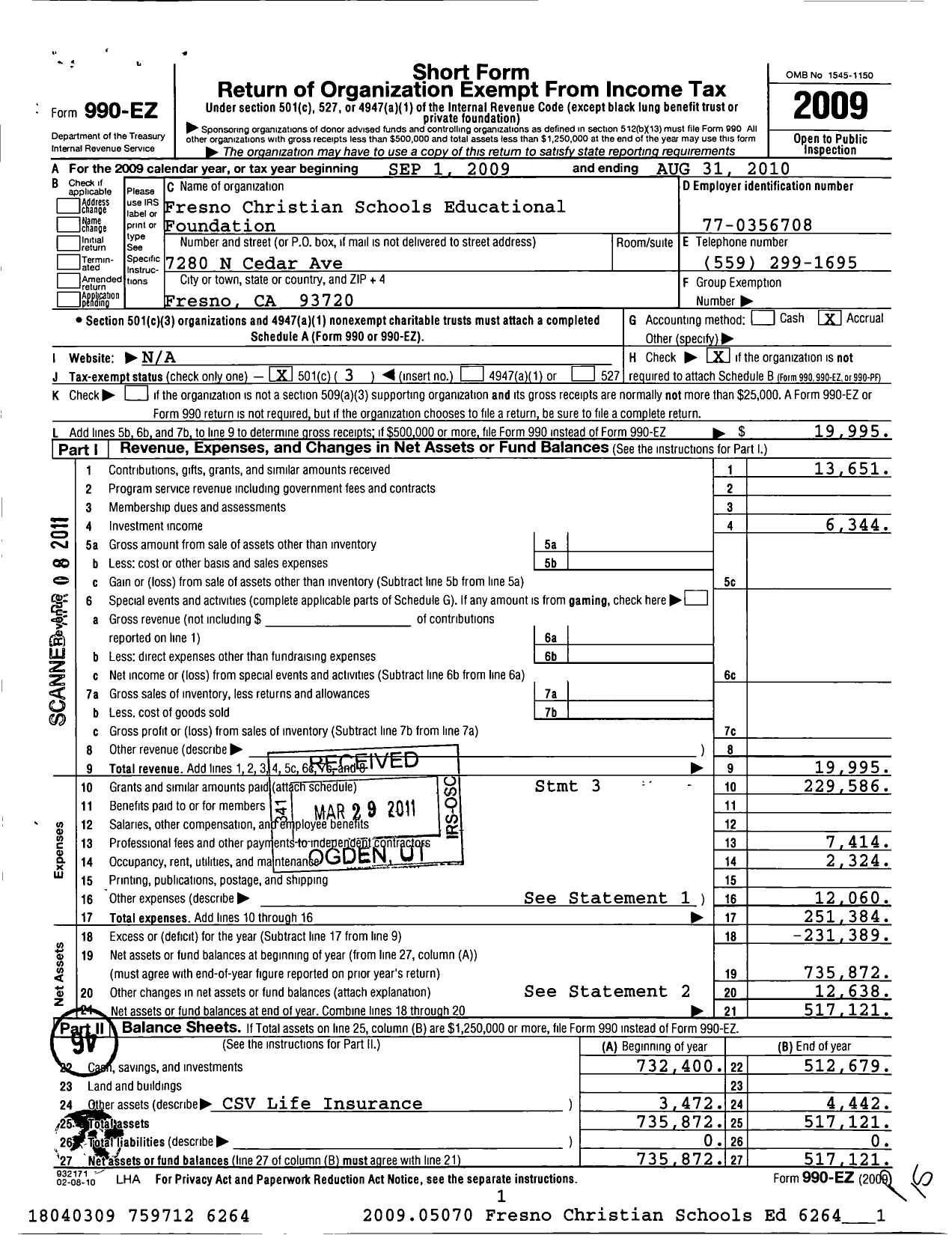 Image of first page of 2009 Form 990EZ for Fresno Christian Schools Educational Foundation