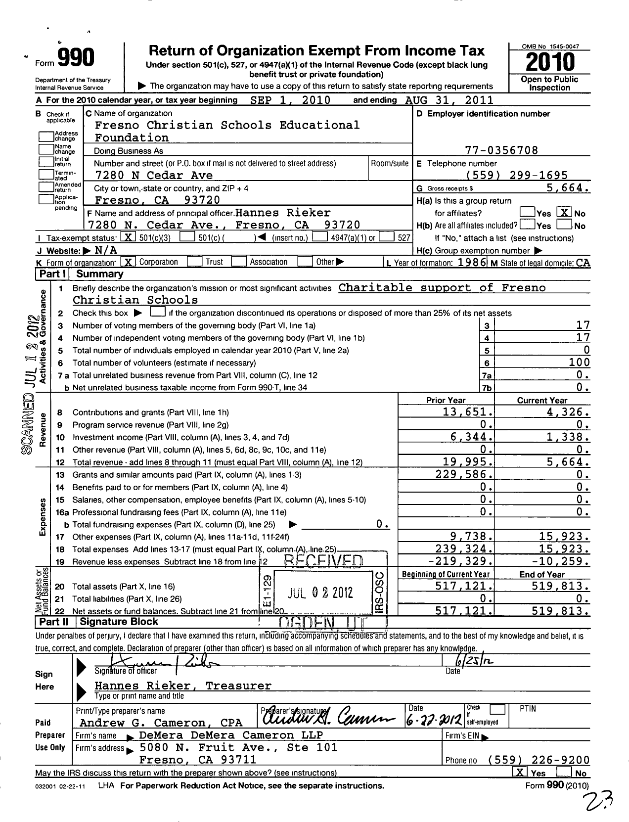 Image of first page of 2010 Form 990 for Fresno Christian Schools Educational Foundation