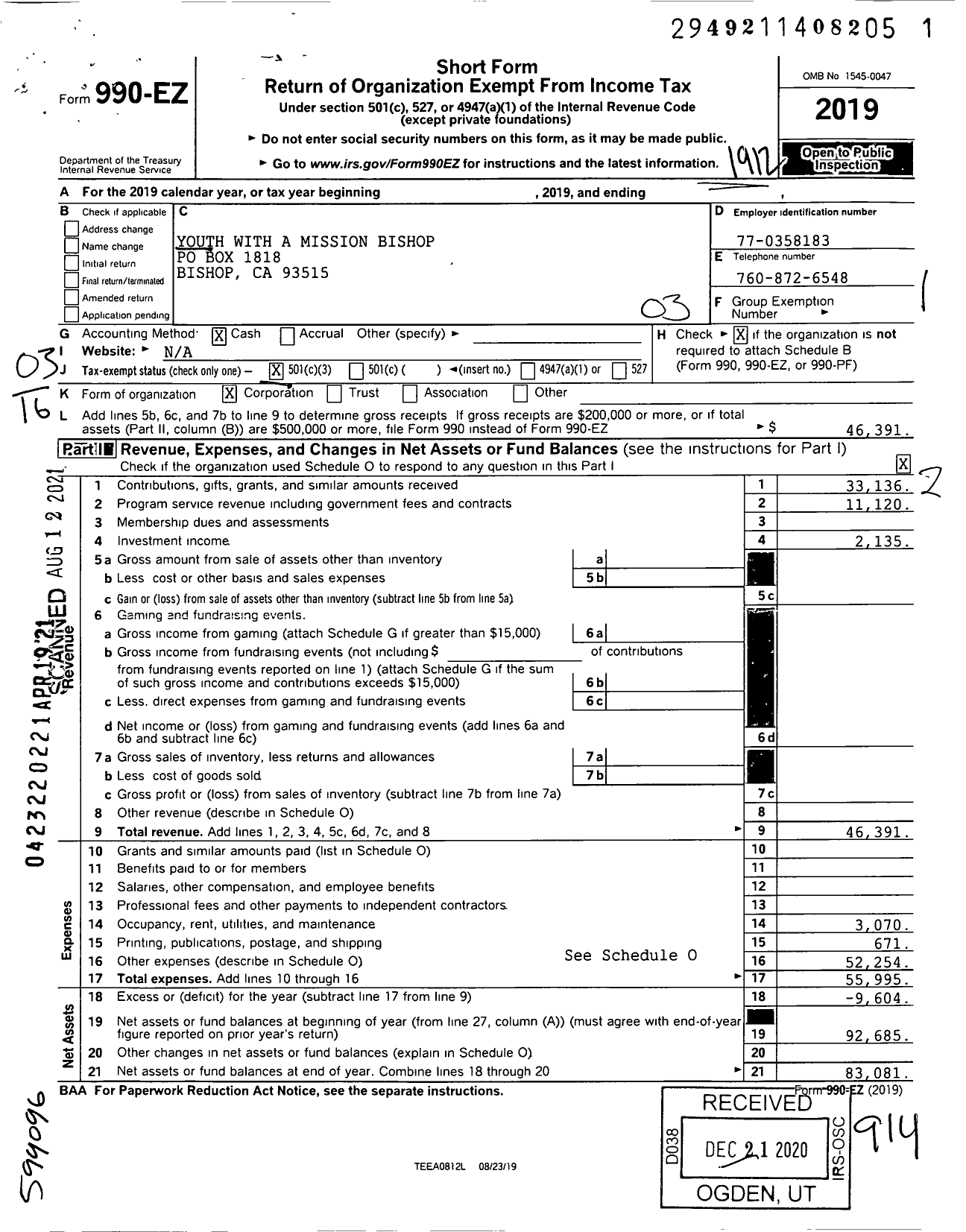 Image of first page of 2019 Form 990EZ for Youth with A Mission Bishop