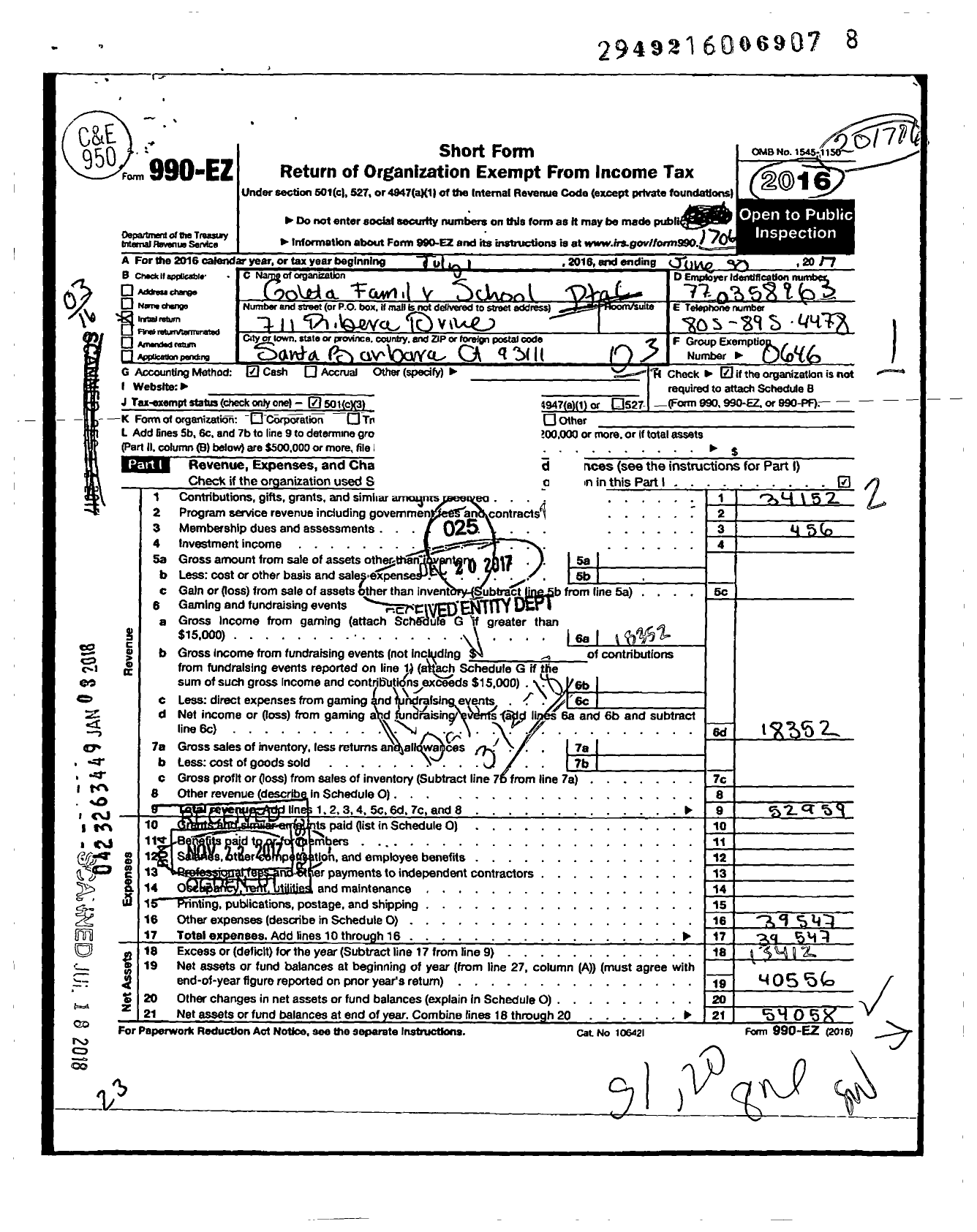 Image of first page of 2016 Form 990EZ for California State PTA - Goleta Family School PTA
