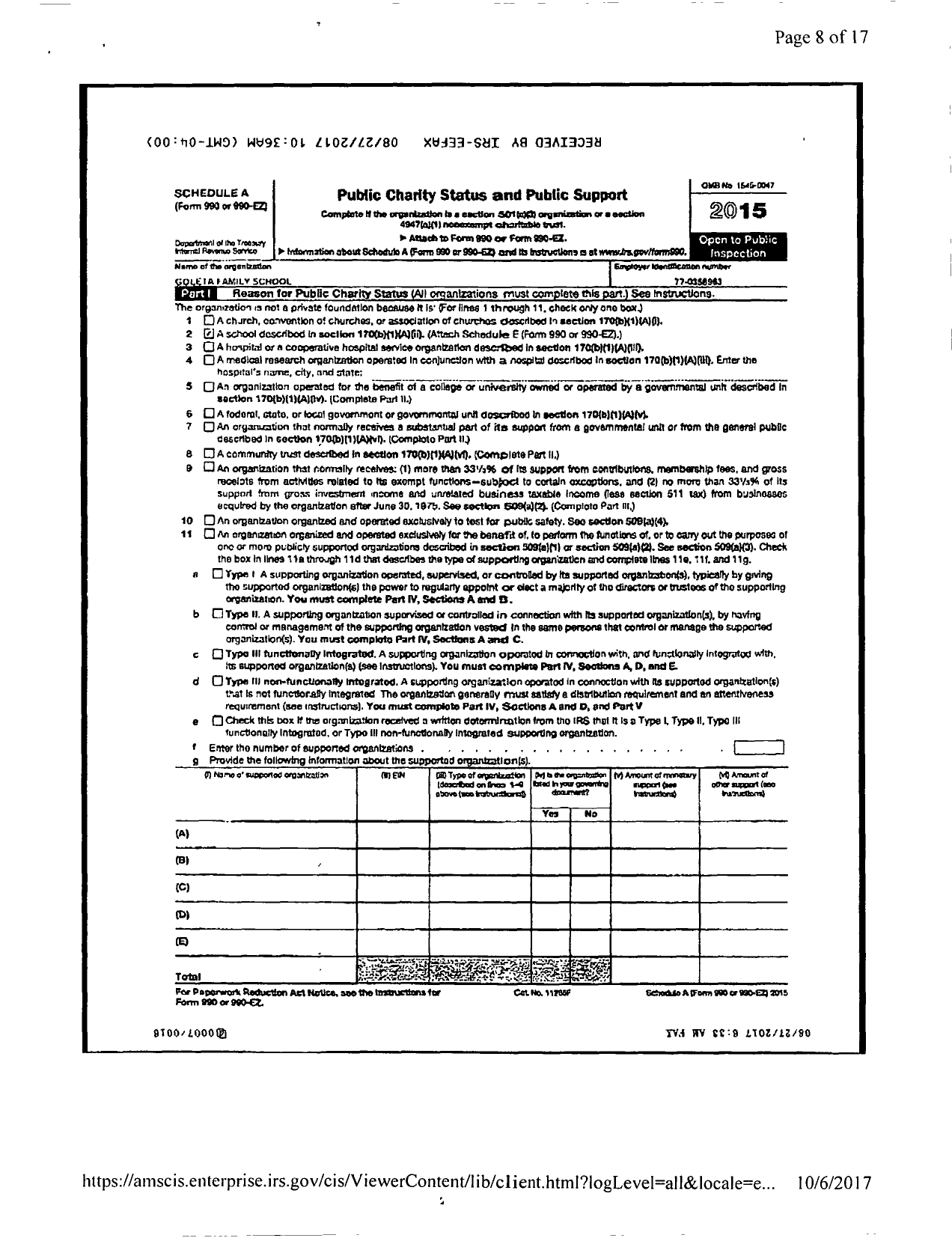 Image of first page of 2015 Form 990ER for California State PTA - Goleta Family School PTA