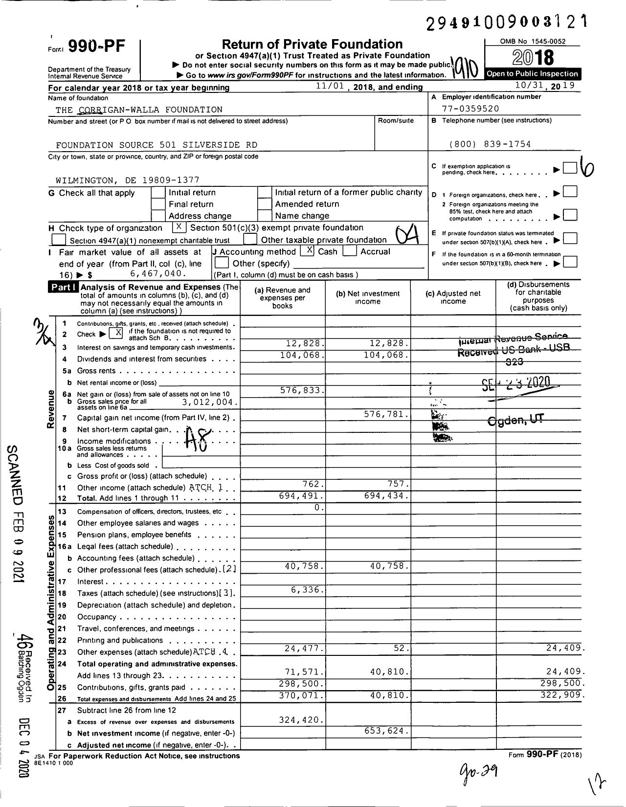 Image of first page of 2018 Form 990PF for The Corrigan-Walla Foundation