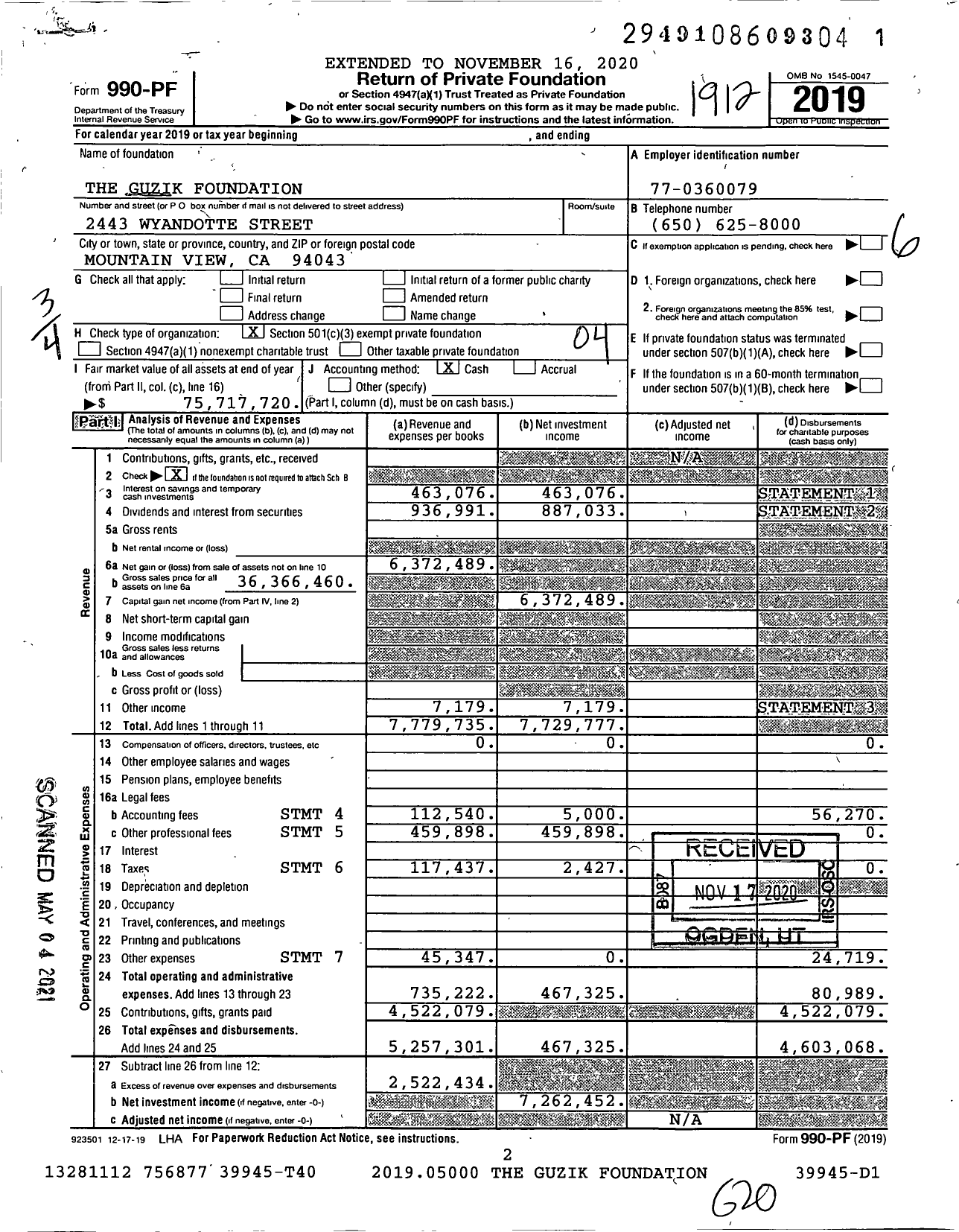 Image of first page of 2019 Form 990PF for Guzik Foundation
