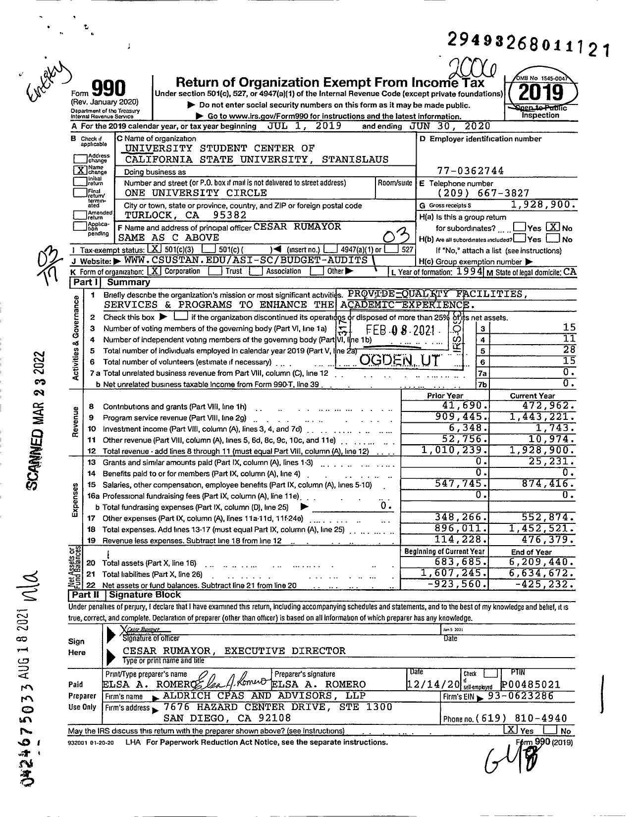Image of first page of 2019 Form 990 for University Student Center of California State University Stanislaus