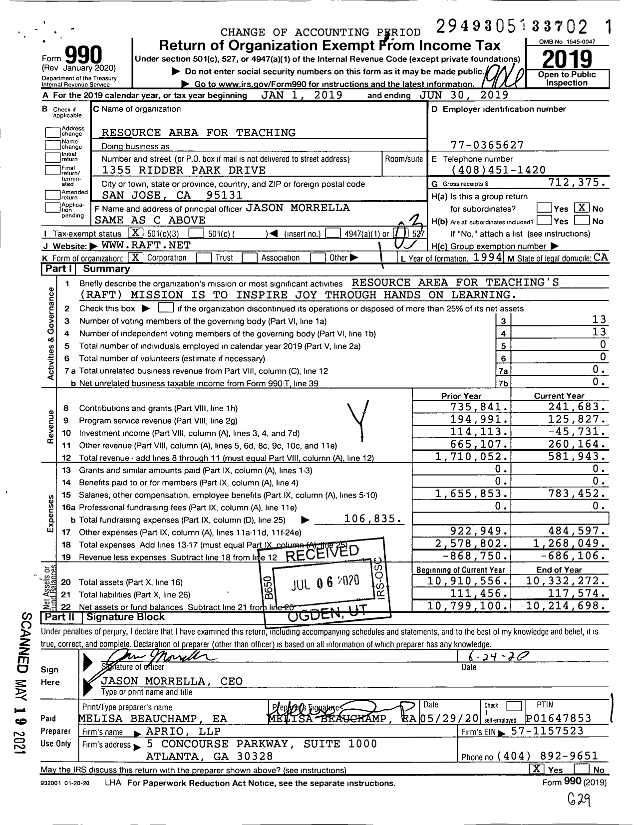 Image of first page of 2018 Form 990 for Resource Area for Teaching