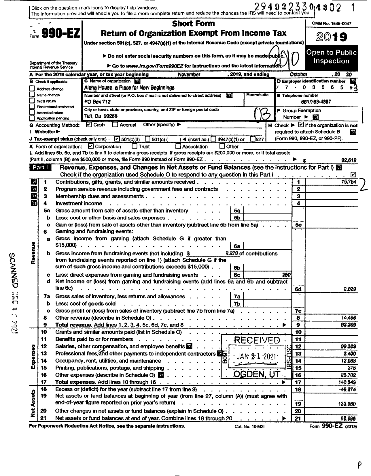 Image of first page of 2019 Form 990EZ for Alpha House