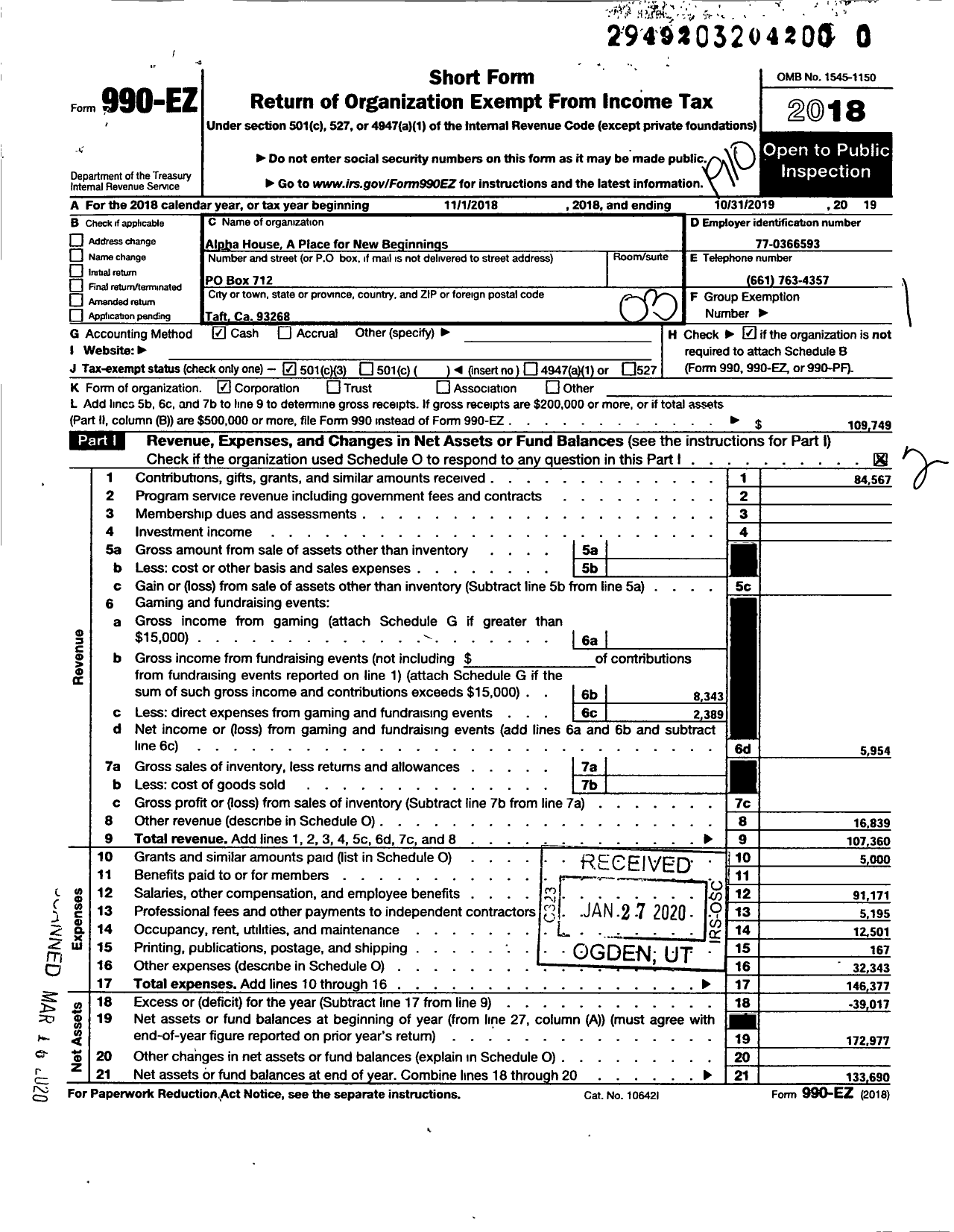 Image of first page of 2018 Form 990EZ for Alpha House