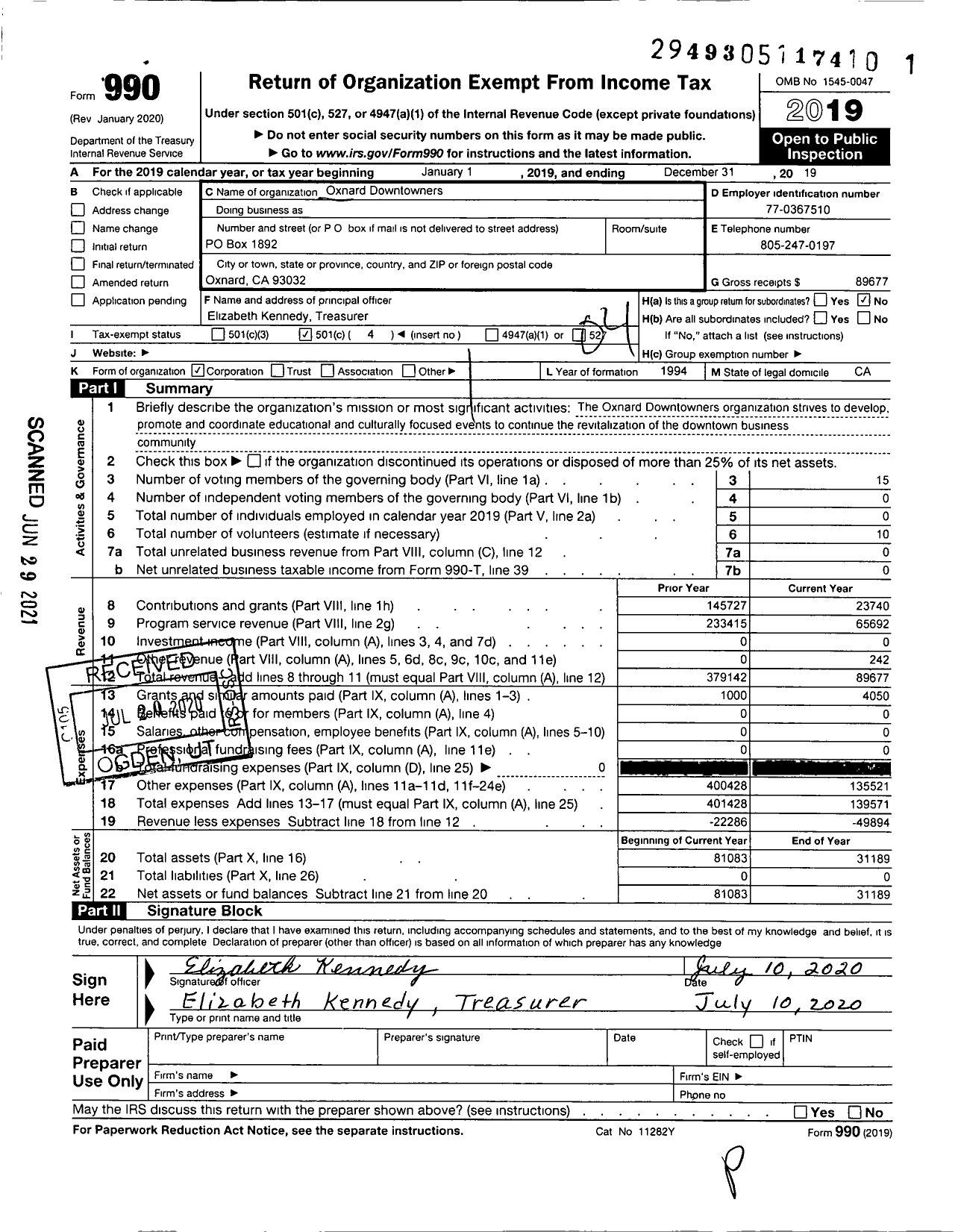 Image of first page of 2019 Form 990O for Oxnard Downtowners