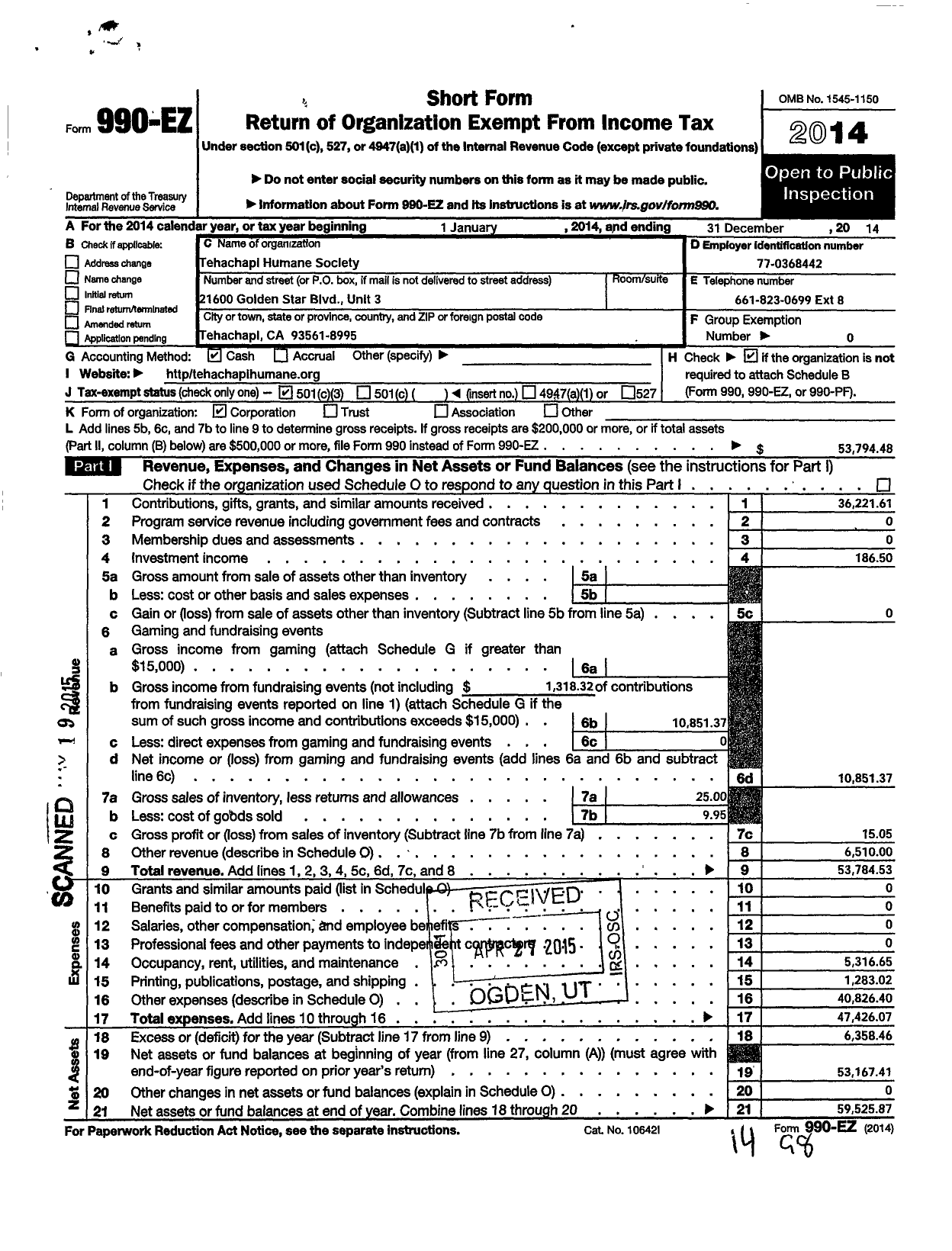 Image of first page of 2014 Form 990EZ for Tehachapi Humane Society