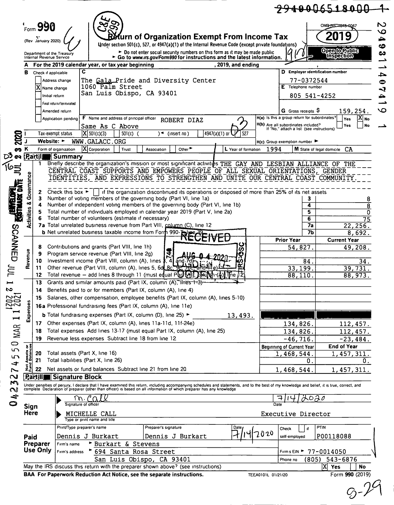 Image of first page of 2019 Form 990 for The Gala Pride and Diversity Center