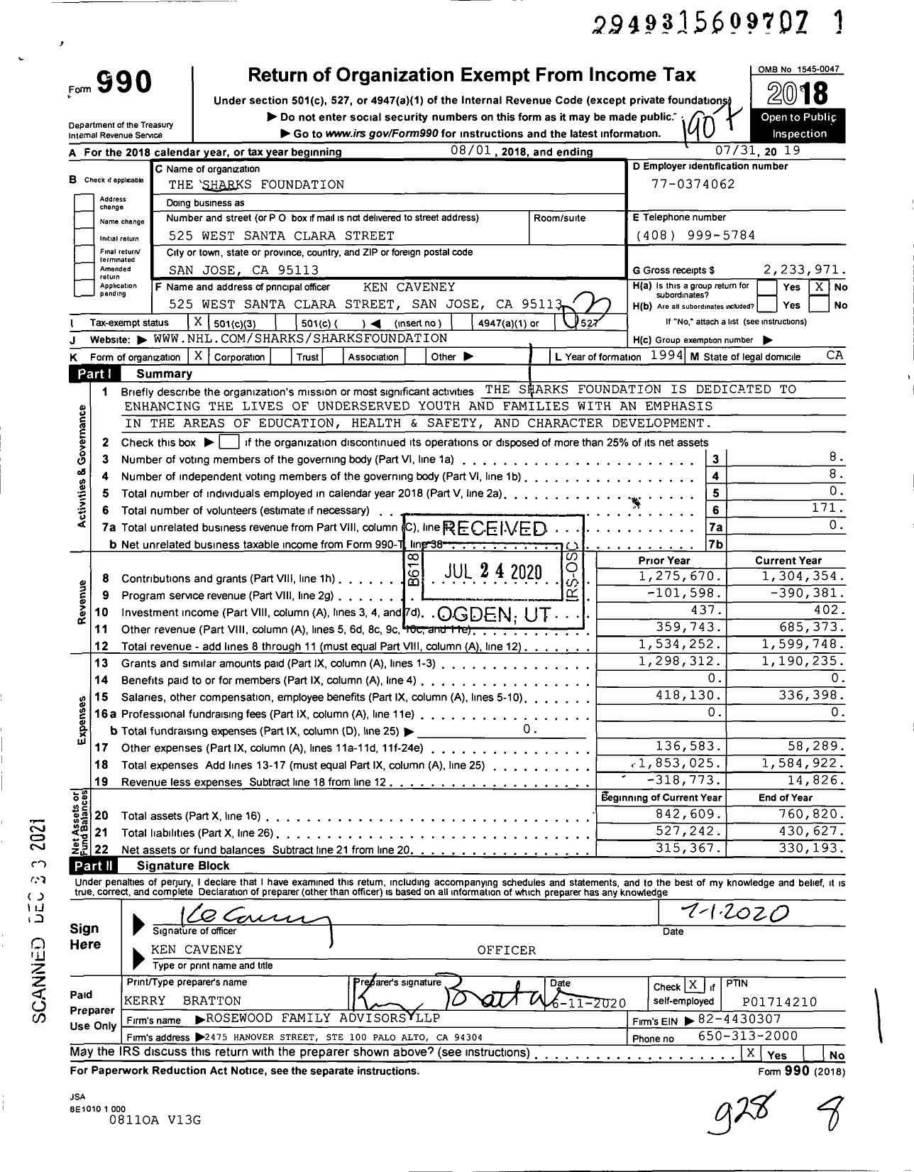 Image of first page of 2018 Form 990 for The Sharks Foundation