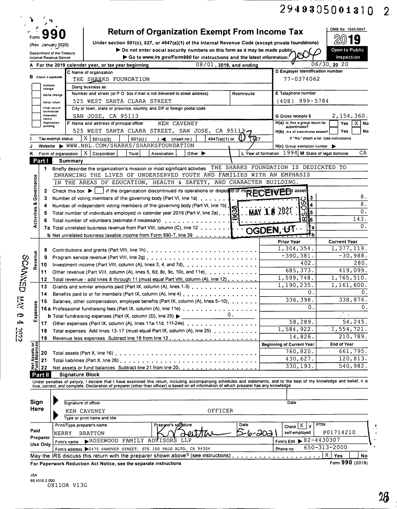 Image of first page of 2019 Form 990 for The Sharks Foundation