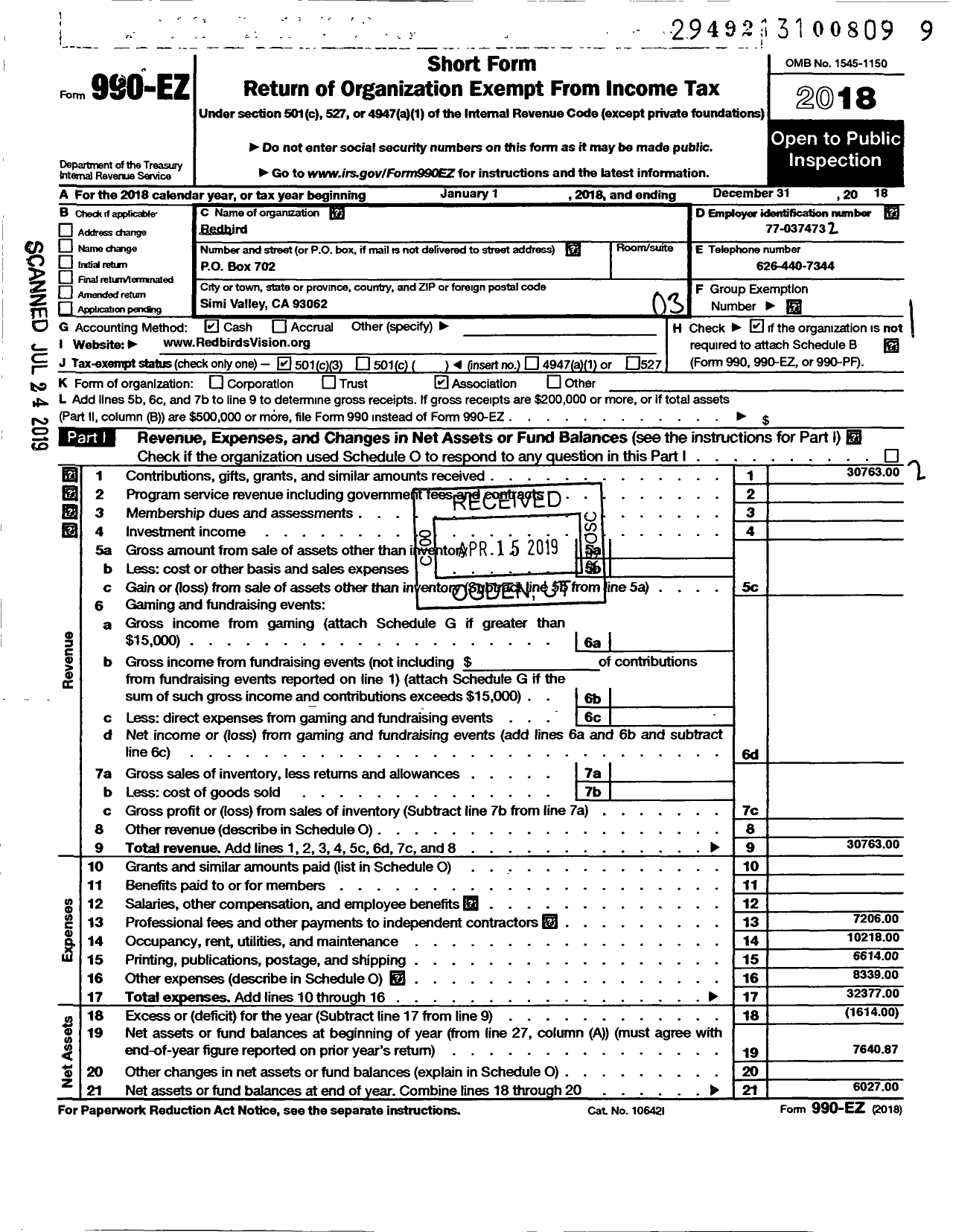 Image of first page of 2018 Form 990EZ for Redbird