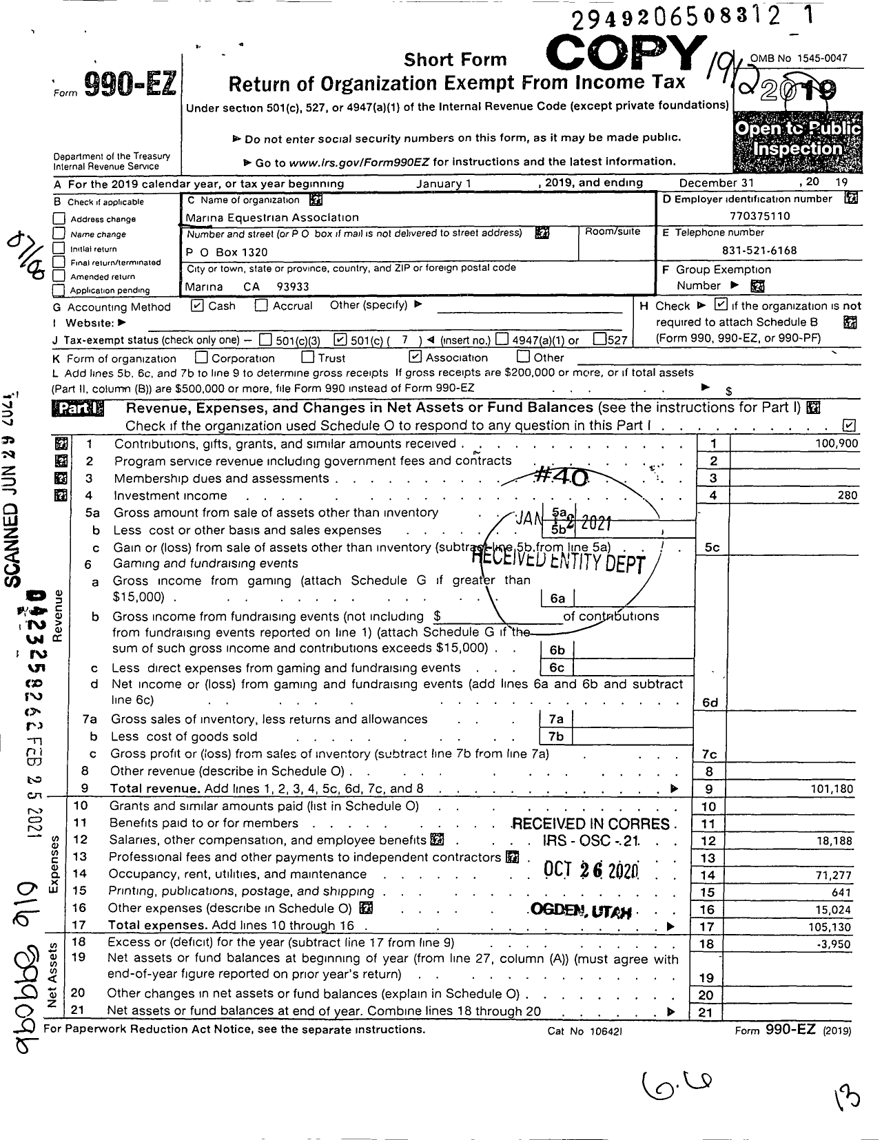 Image of first page of 2019 Form 990EO for Marina Equestrian Association