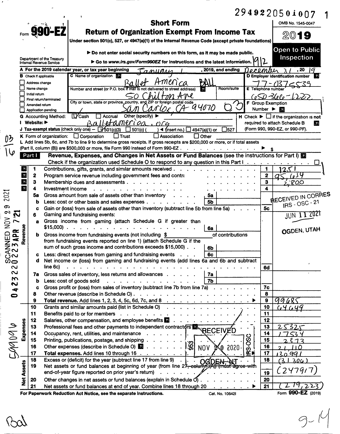 Image of first page of 2019 Form 990EZ for Ballet America