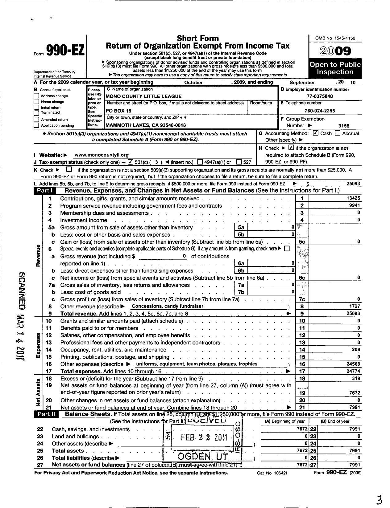 Image of first page of 2009 Form 990EZ for Little League Baseball - 4055120 Mono County LL