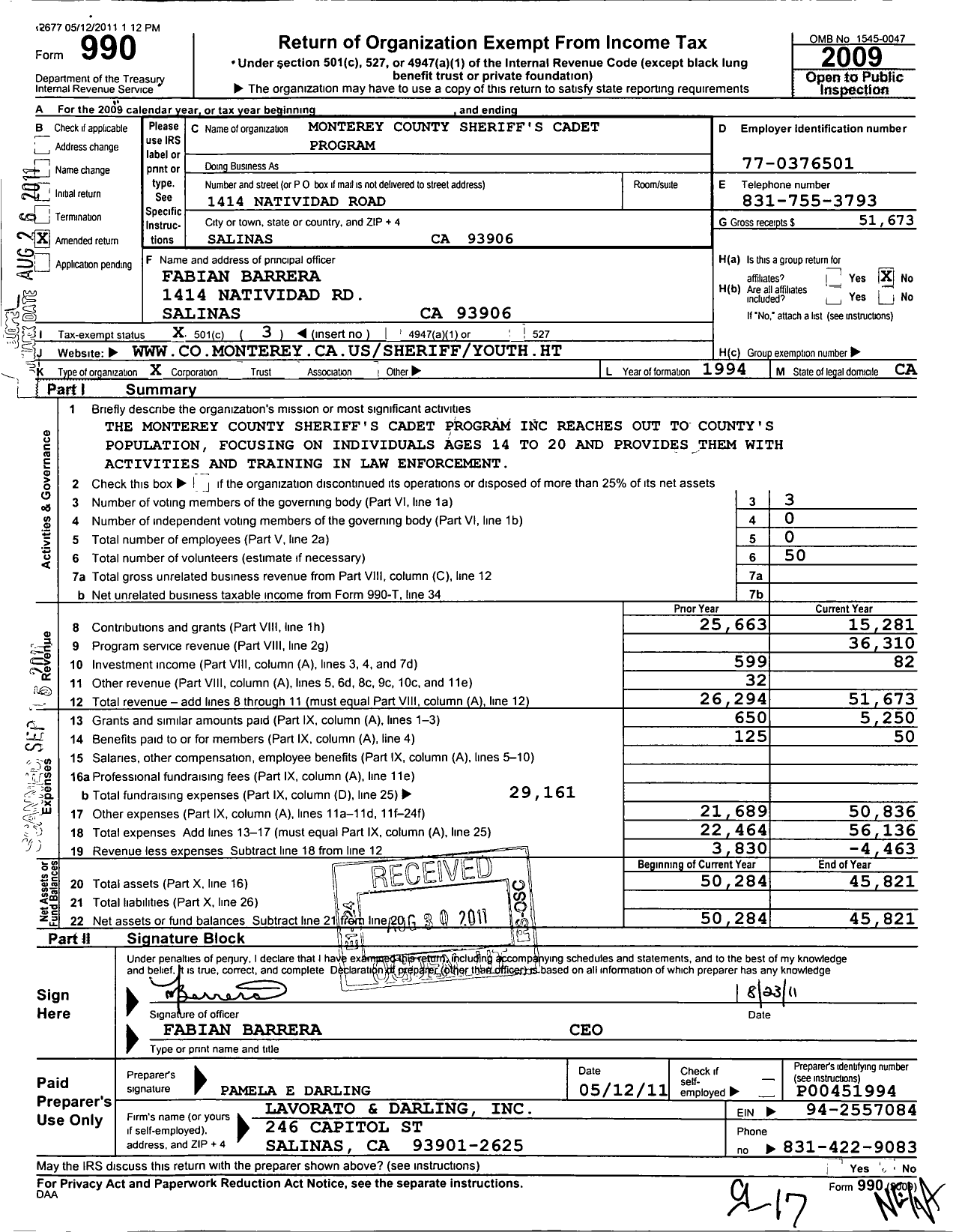 Image of first page of 2009 Form 990 for Monterey County Sheriffs Cadet Program Incorporated