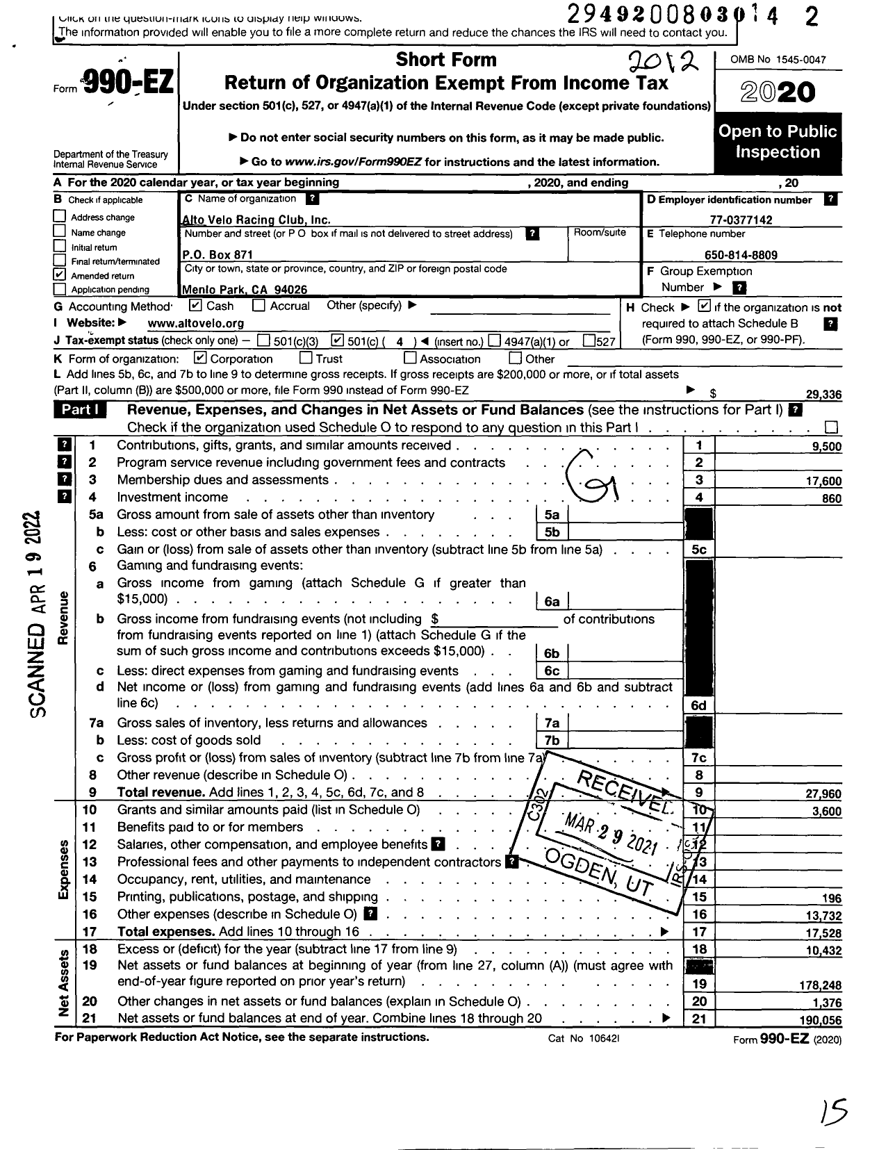 Image of first page of 2020 Form 990EO for Alto Velo Racing Club